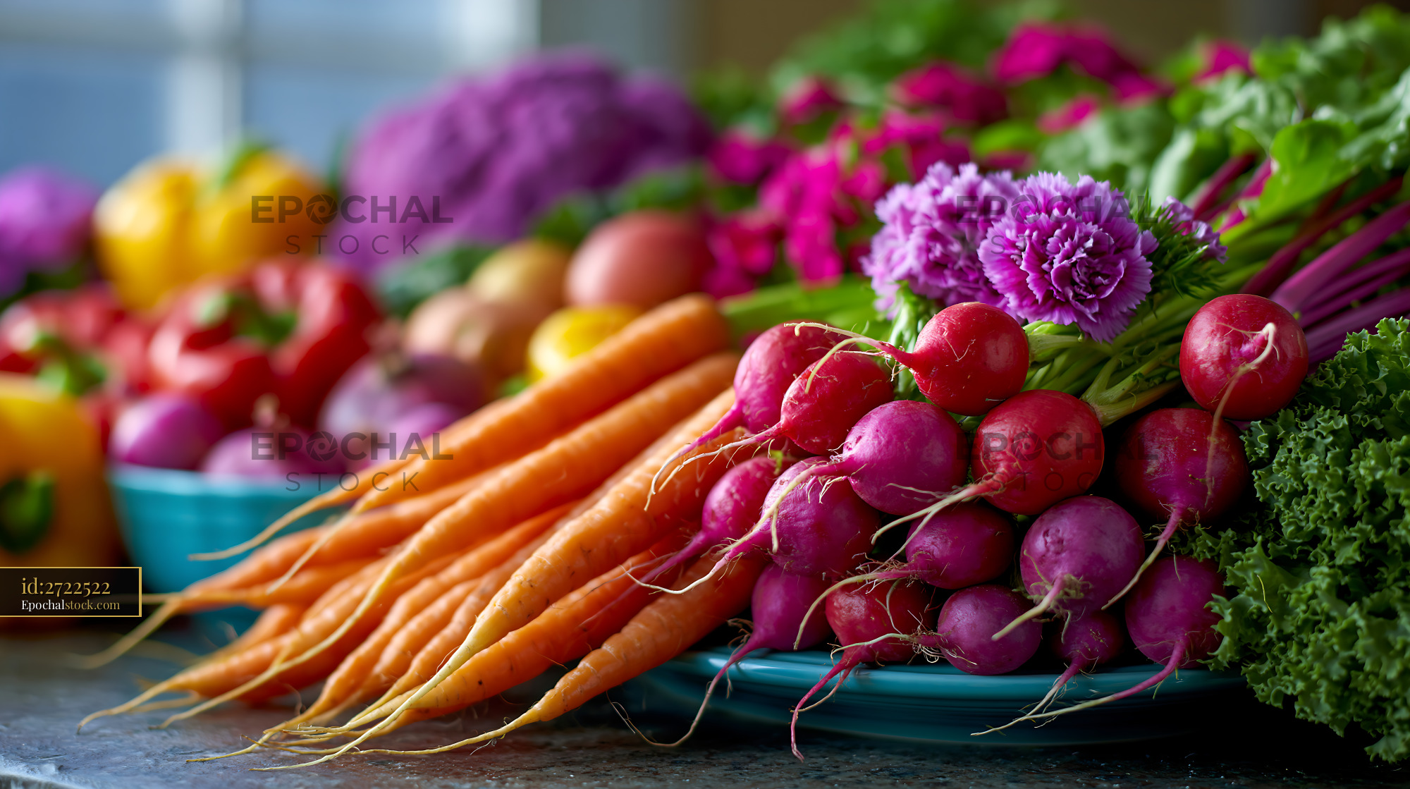 Watermarked full-resolution preview of Colorful fresh vegetable arrangement with carrots and radishes