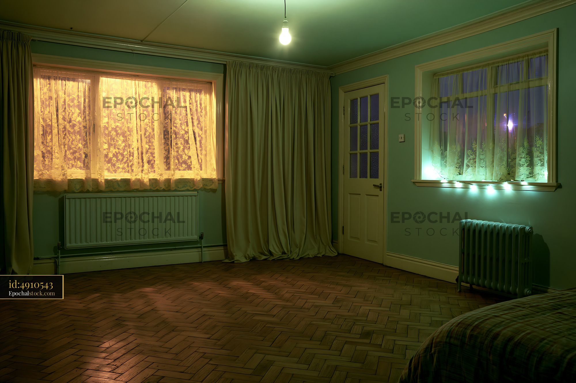 Watermarked full-resolution preview of Moody empty interior with green walls and lace curtains
