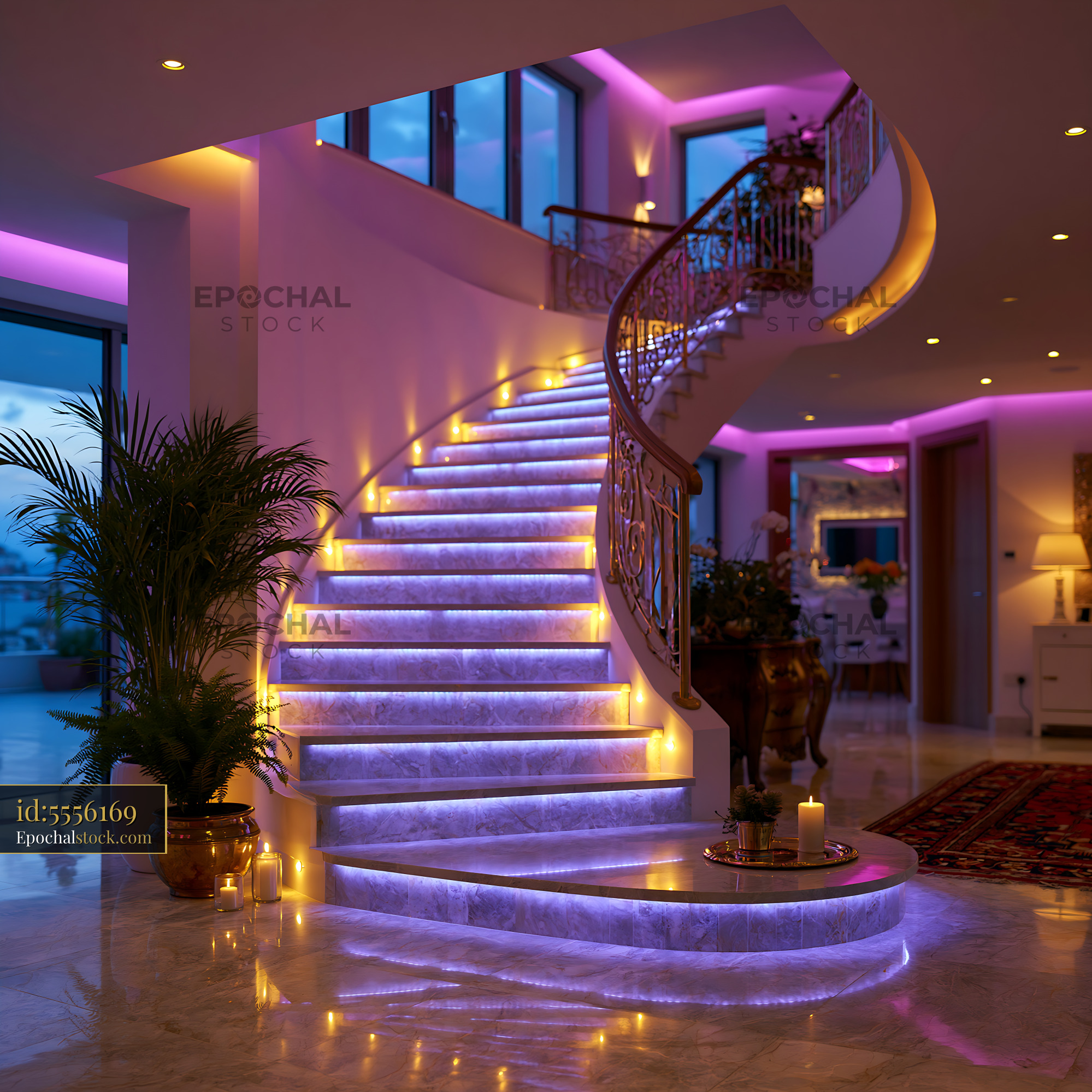 Watermarked full-resolution preview of Spiral staircase with purple lights in modern interior space