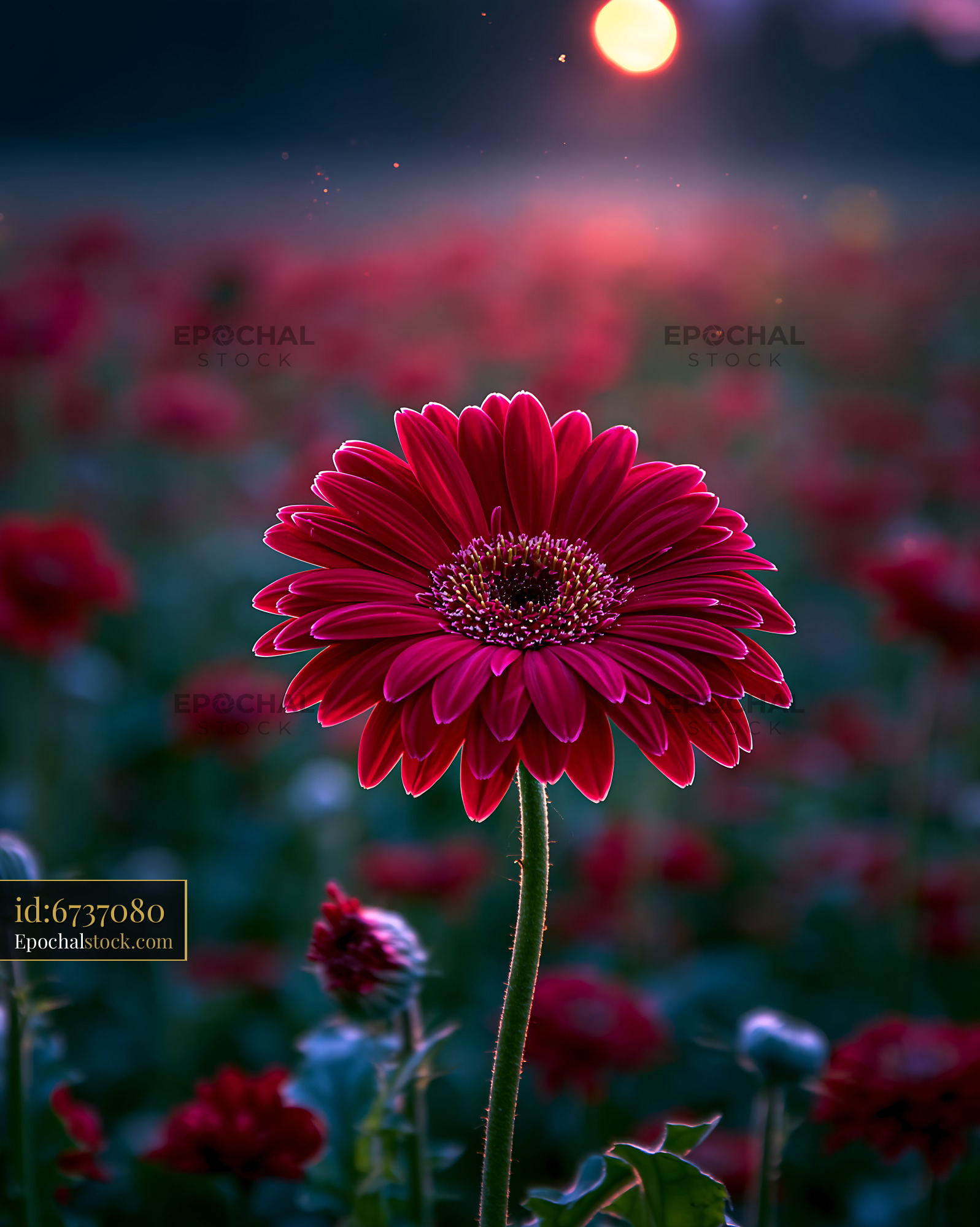 Watermarked full-resolution preview of Red flower blooms at sunset in a vibrant field