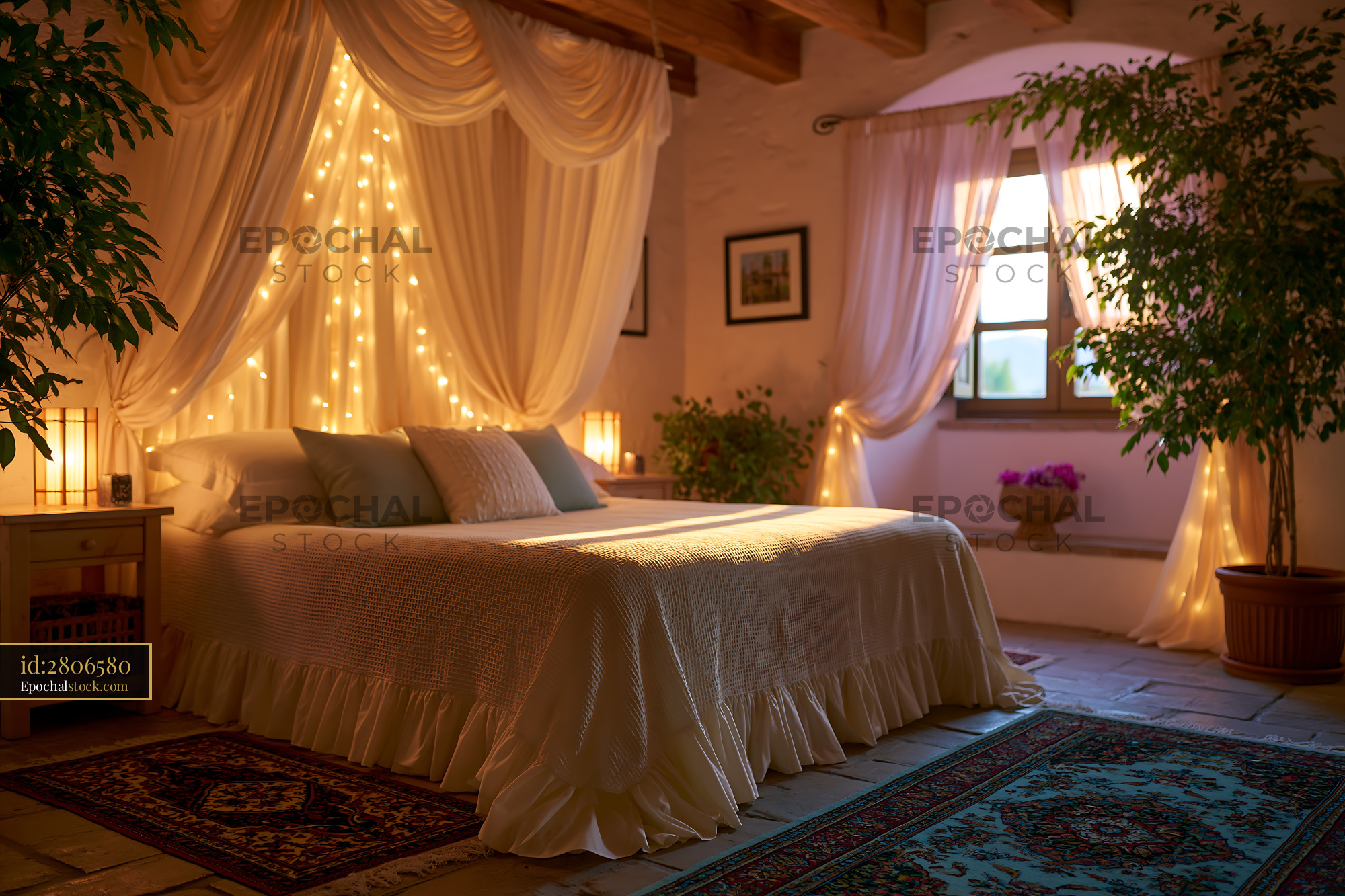 Watermarked full-resolution preview of Warmly decorated bedroom with canopy curtains and plants