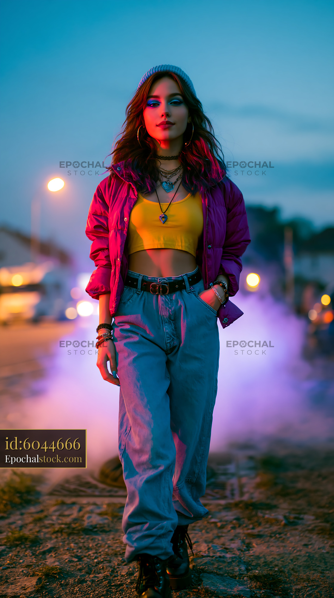 Watermarked full-resolution preview of Woman walks confidently in urban setting at dusk