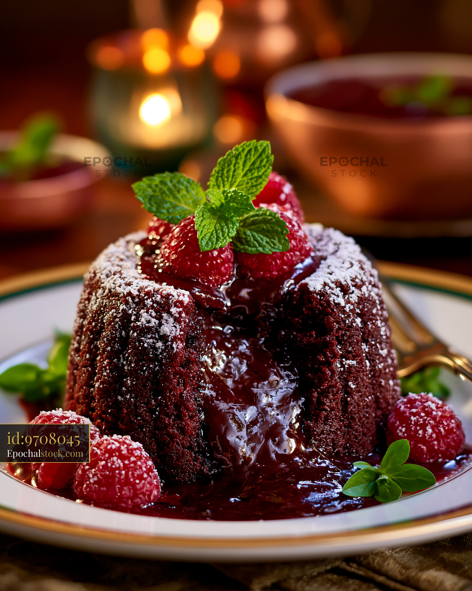 Watermarked full-resolution preview of Chocolate fondant dessert with raspberries and mint on a plate