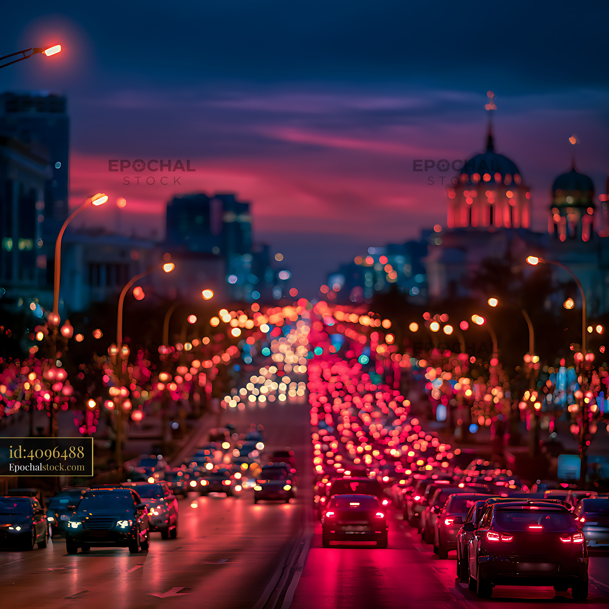 Watermarked full-resolution preview of Colorful bokeh traffic on an urban boulevard at twilight