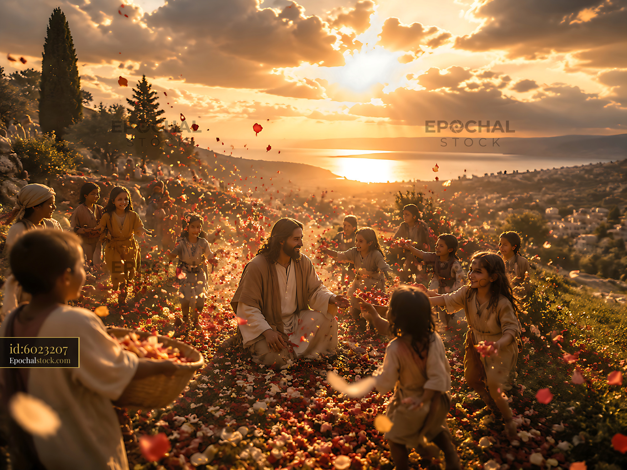 Jesus Interacts With Children as They Celebrate Outdoors at Sunset - stock photo