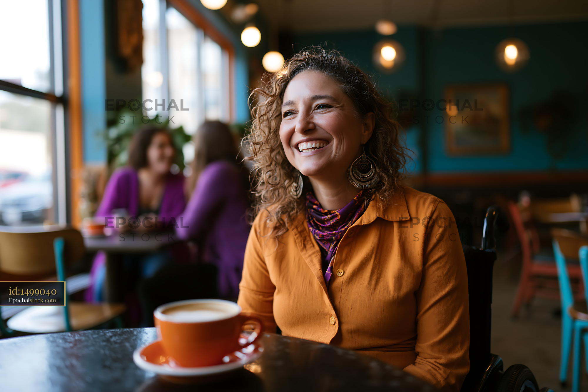 Watermarked full-resolution preview of Woman in orange shirt smiles while sitting in a cafe with friends