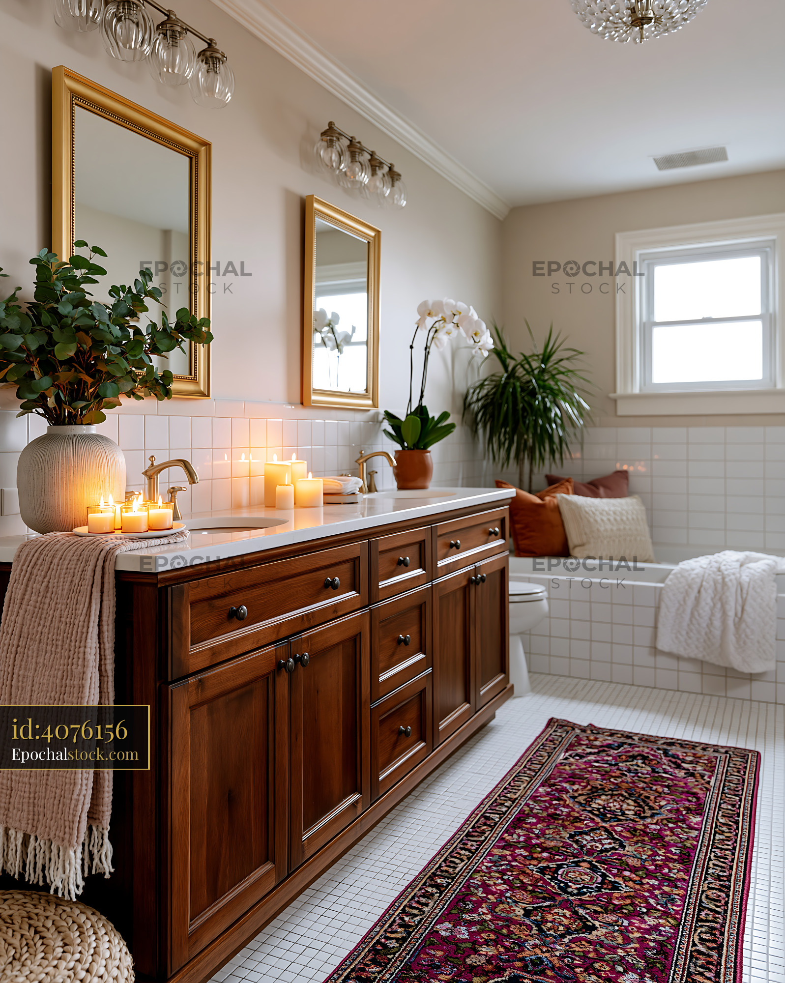 Watermarked full-resolution preview of Modern bathroom with wooden cabinets and candles