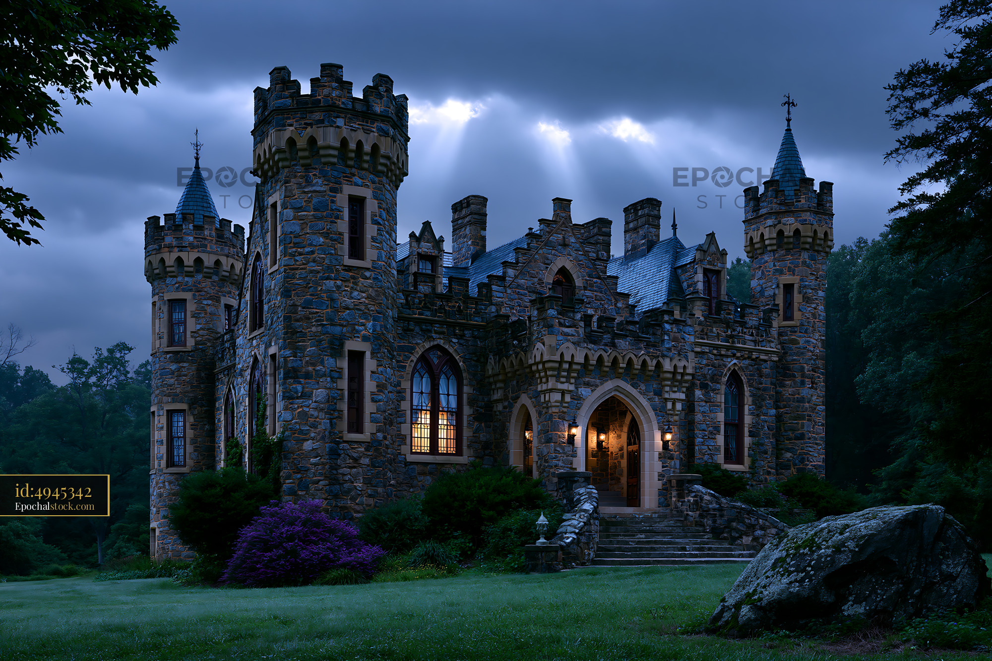 Watermarked full-resolution preview of Stone castle under a dark sky with light shining from windows