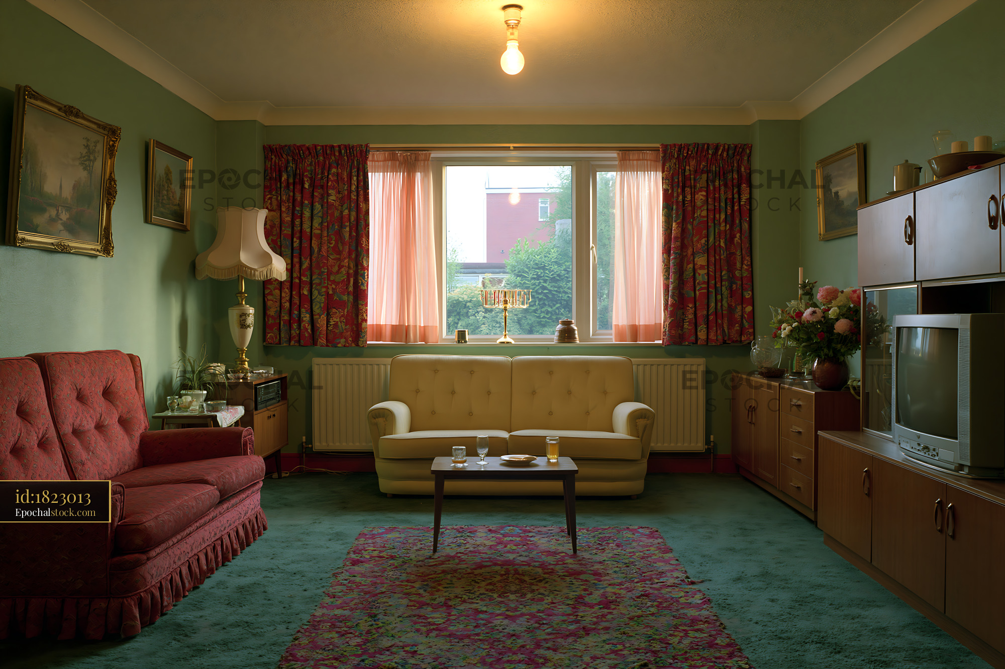 Watermarked full-resolution preview of Cozy living room with vintage furniture and warm lighting