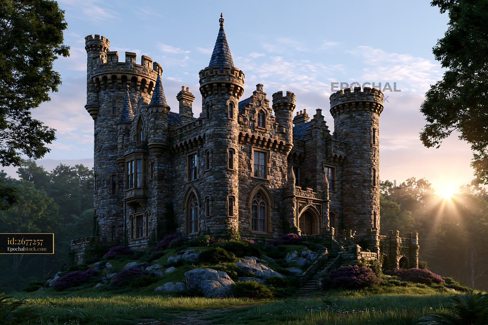 Watermarked full-resolution preview of Old stone castle surrounded by trees at sunset