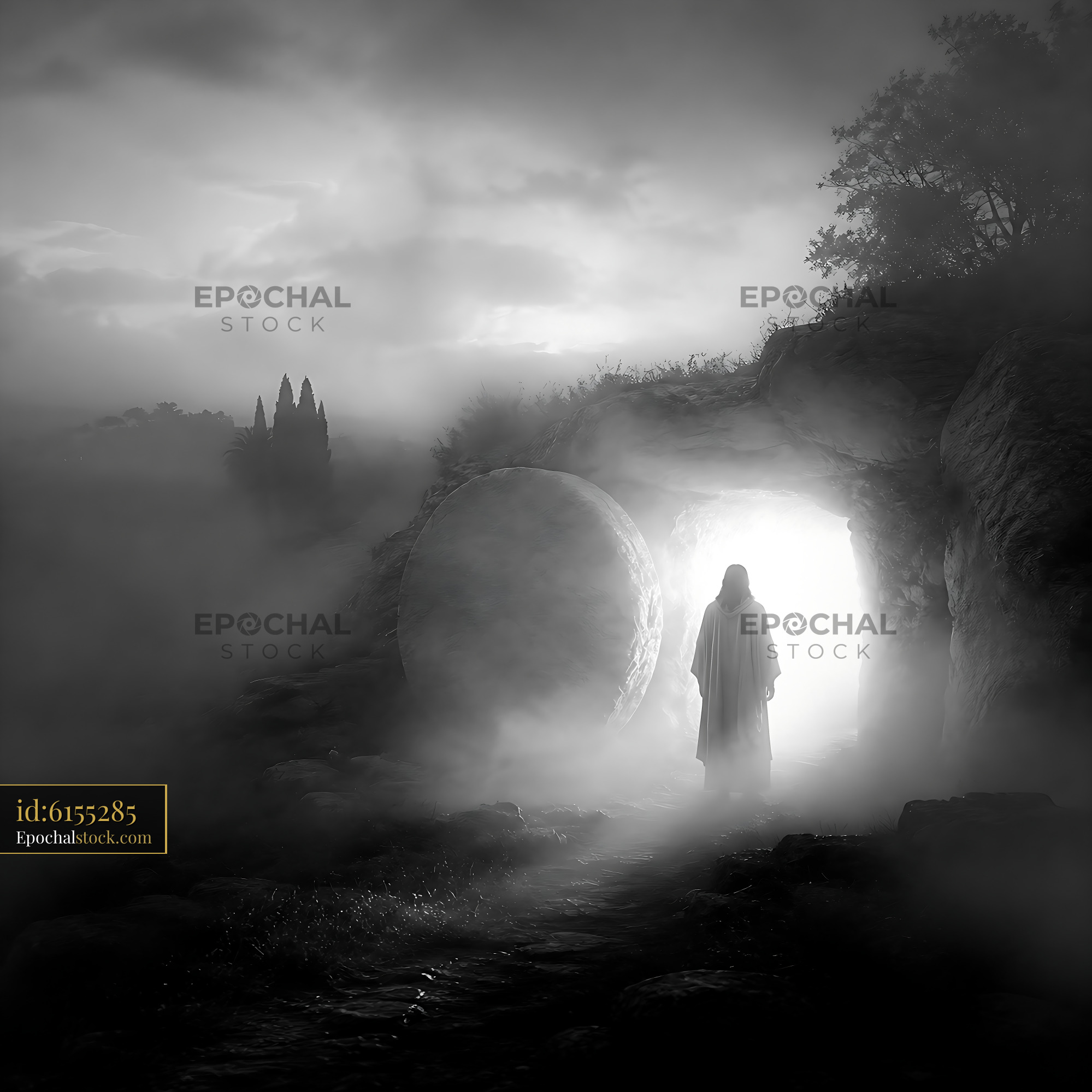 Watermarked full-resolution preview of Mystical figure emerging from a cave in foggy landscape