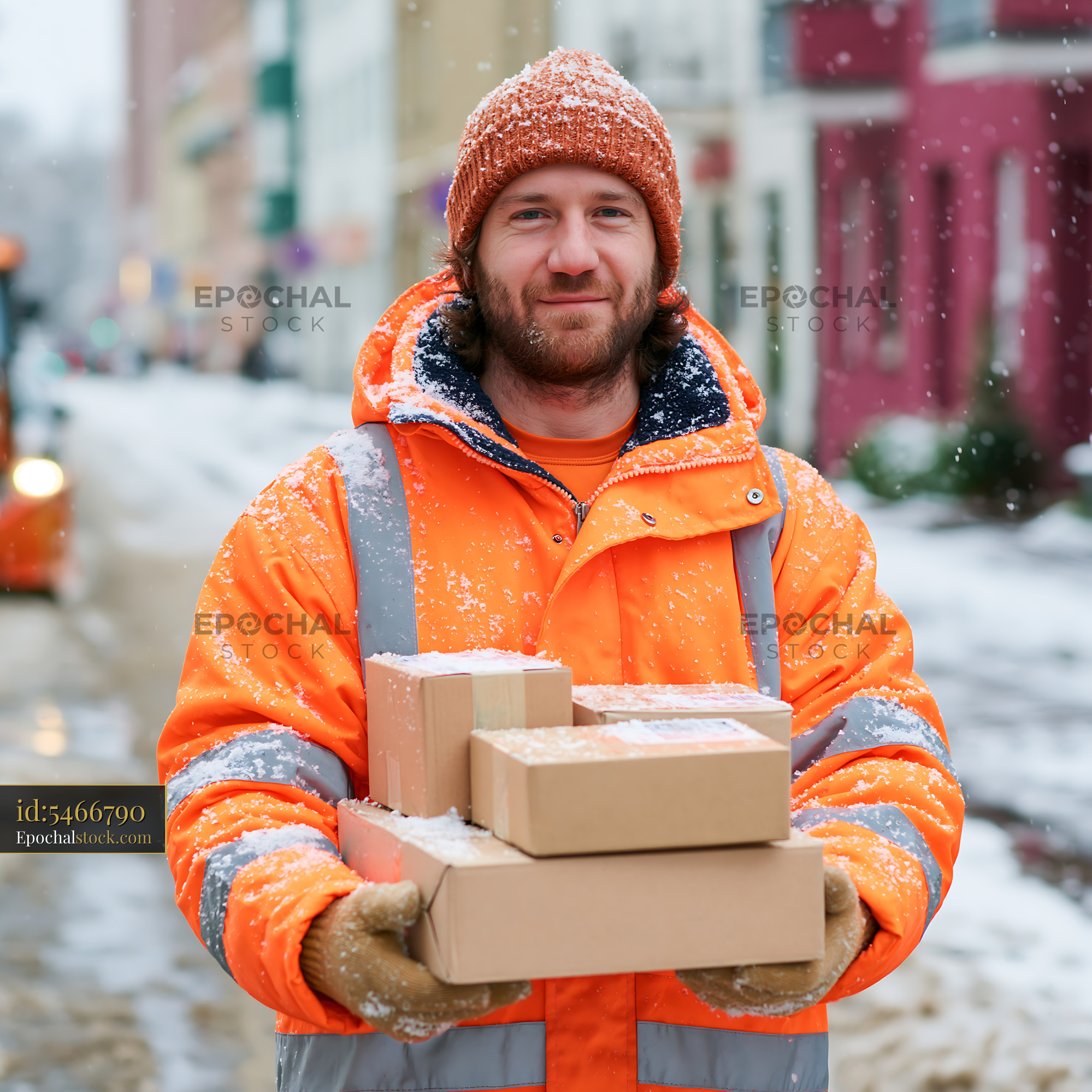 Watermarked full-resolution preview of Delivery person holding parcels in a snowy street