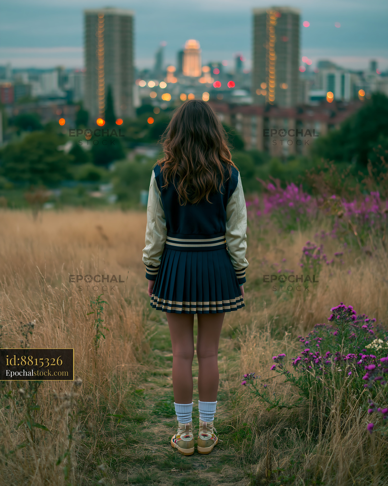 Watermarked full-resolution preview of Rear View of Woman in Wildflower Meadow at Dusk