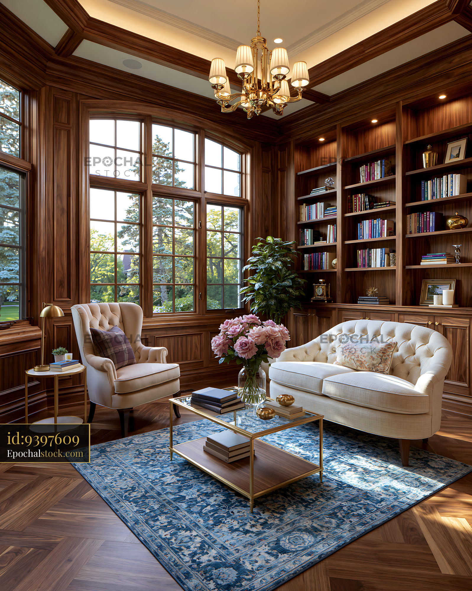 Watermarked full-resolution preview of Warm traditional library living room with books and floral decor