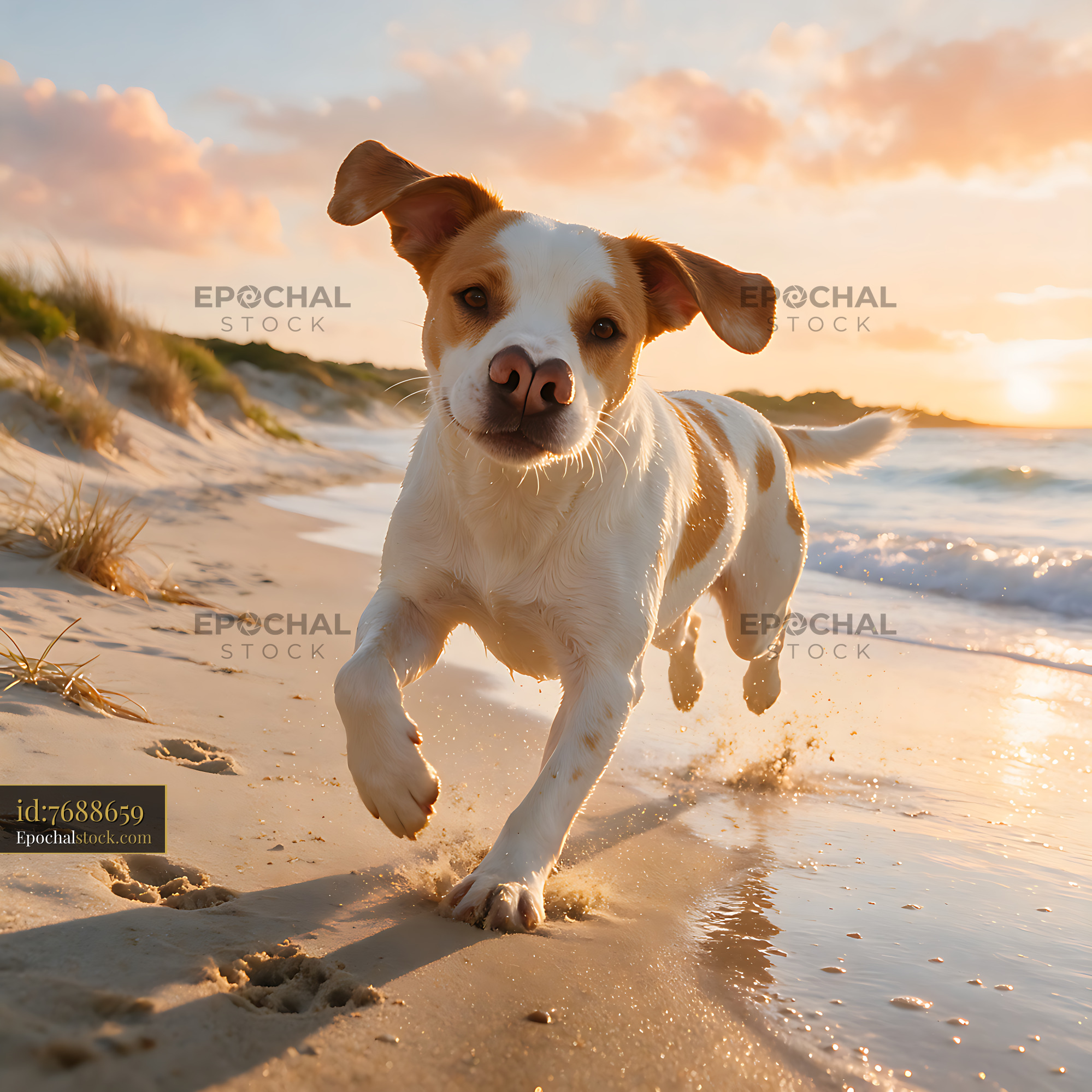Watermarked full-resolution preview of Energetic Dog Running Through Shallow Beach Water