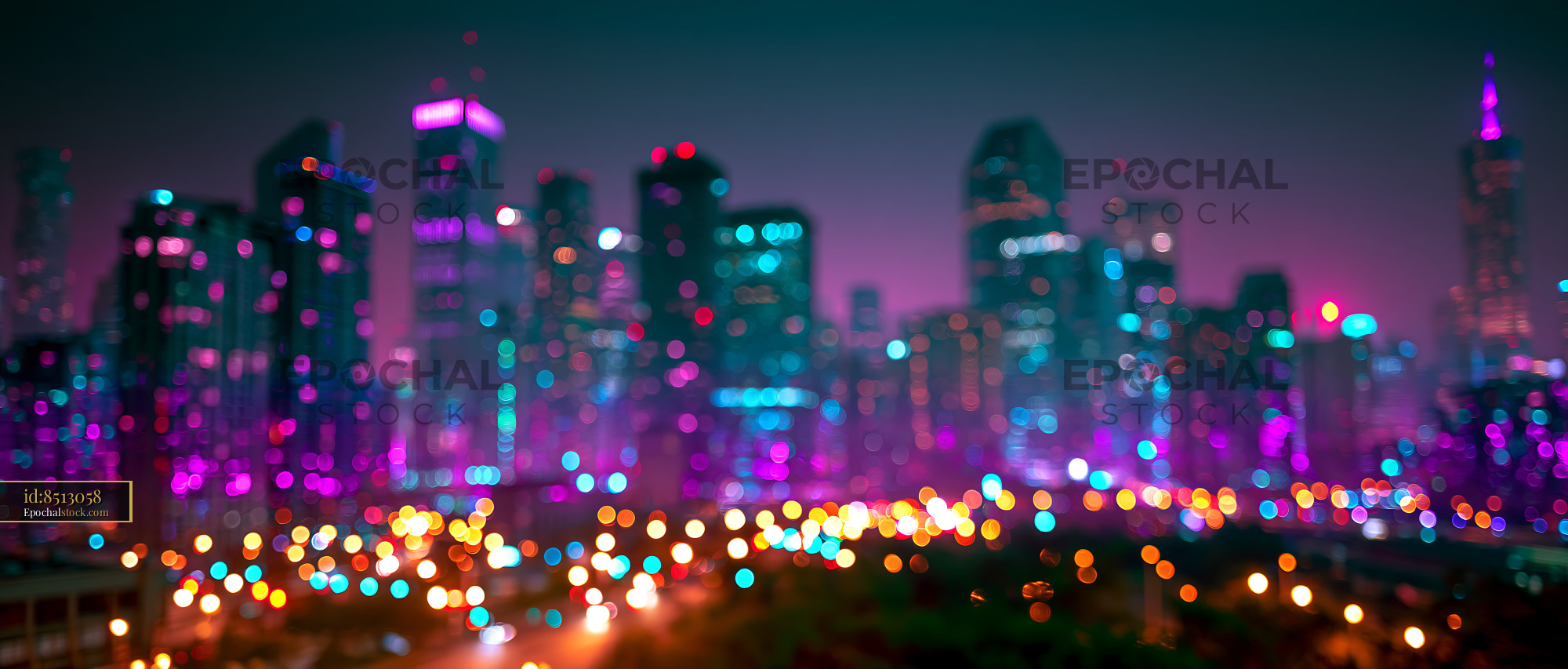 Watermarked full-resolution preview of City skyline at night with colorful lights