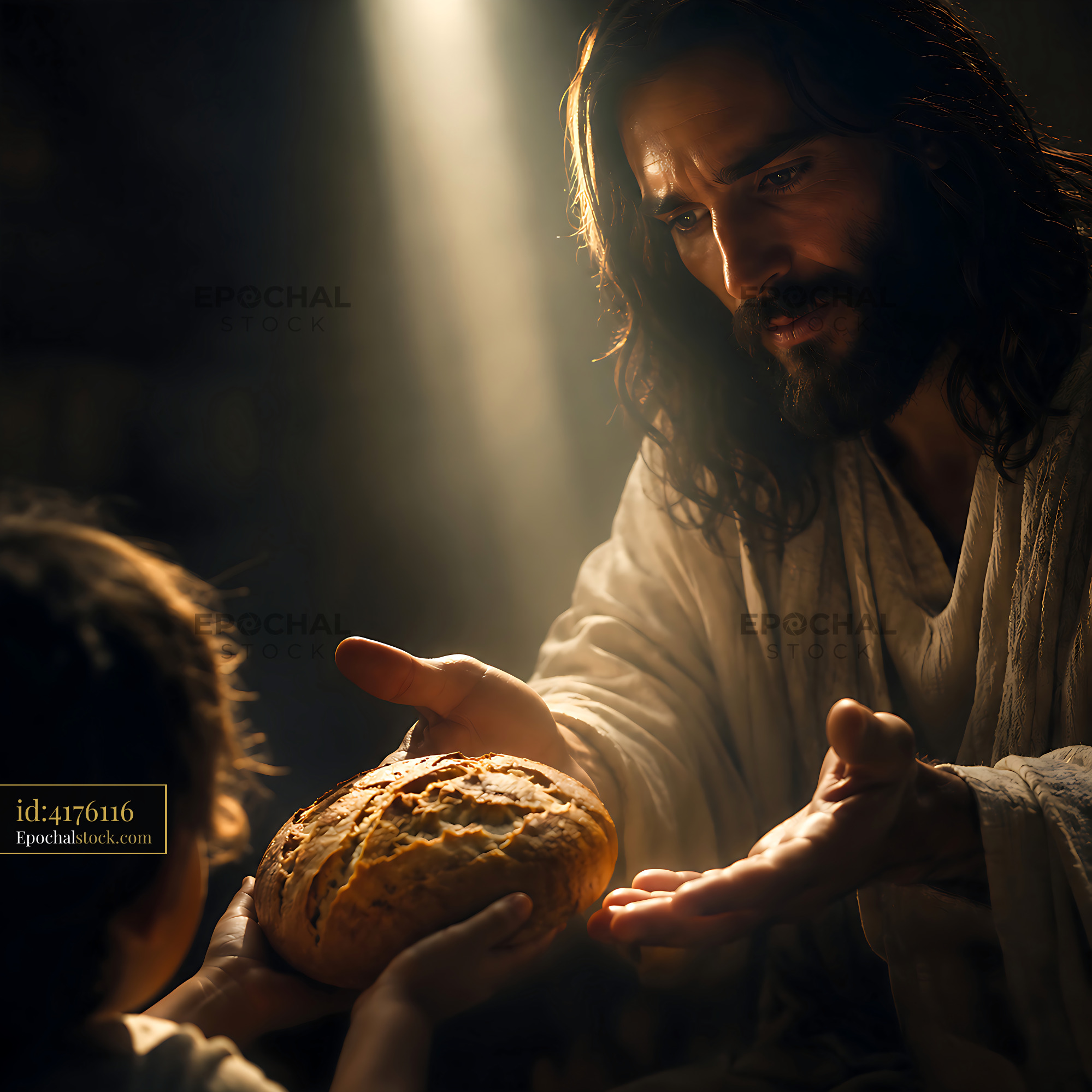 Man Offering Bread to Child in Dim Light With Soft Focus - stock photo