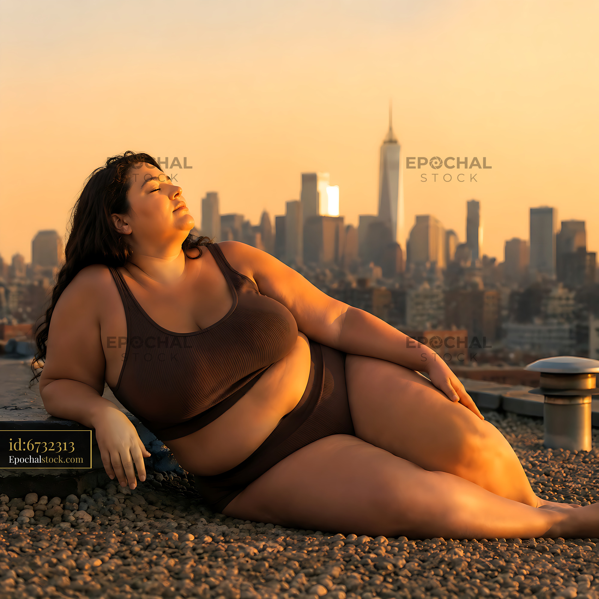 Woman Relaxing on a Rooftop With City Skyline During Sunset - stock photo