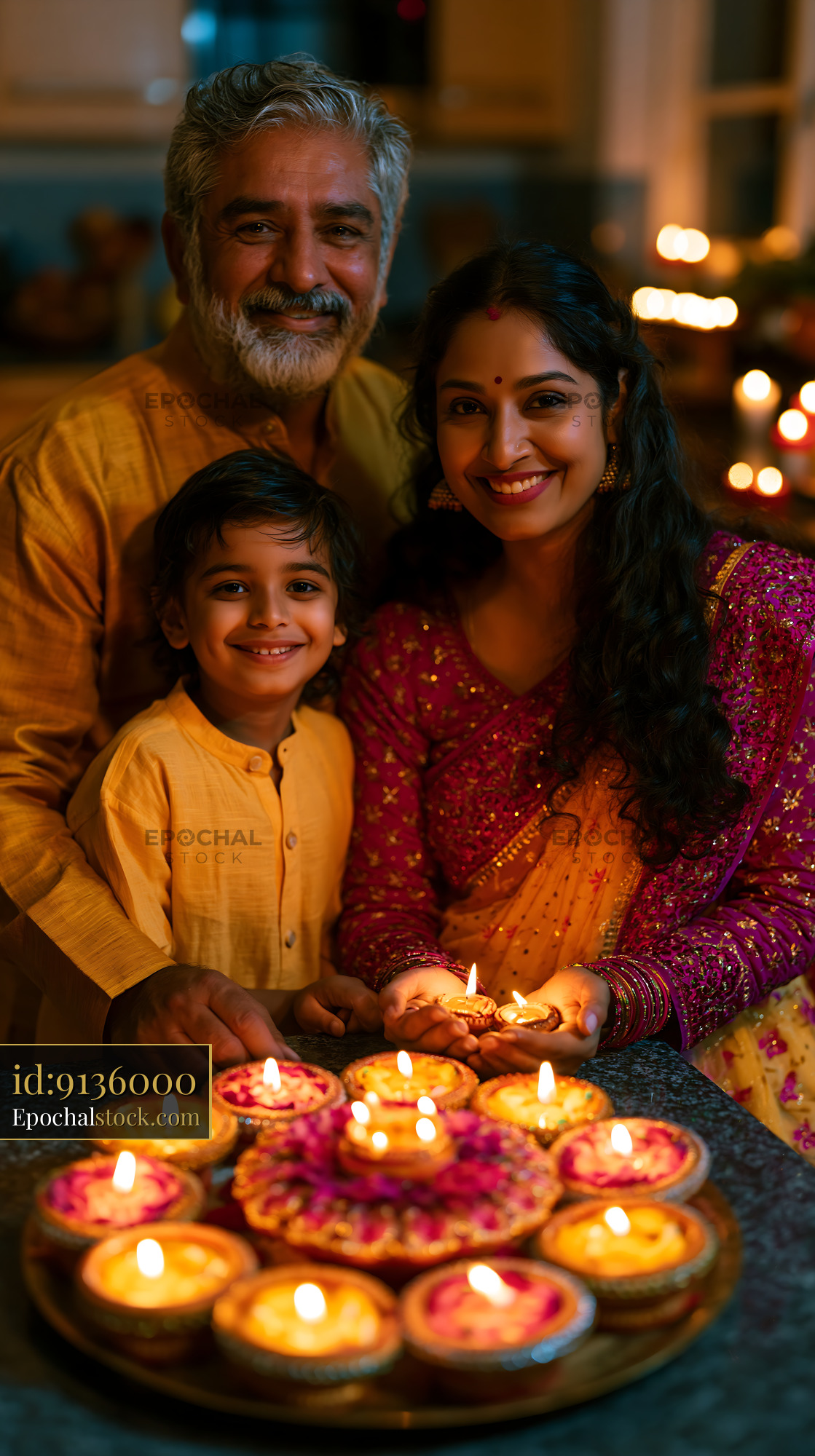 Watermarked full-resolution preview of Family celebration with candles during festival at home