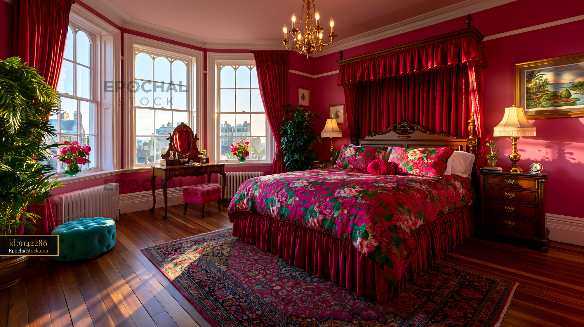 Watermarked full-resolution preview of Brightly colored bedroom with floral decor and large windows