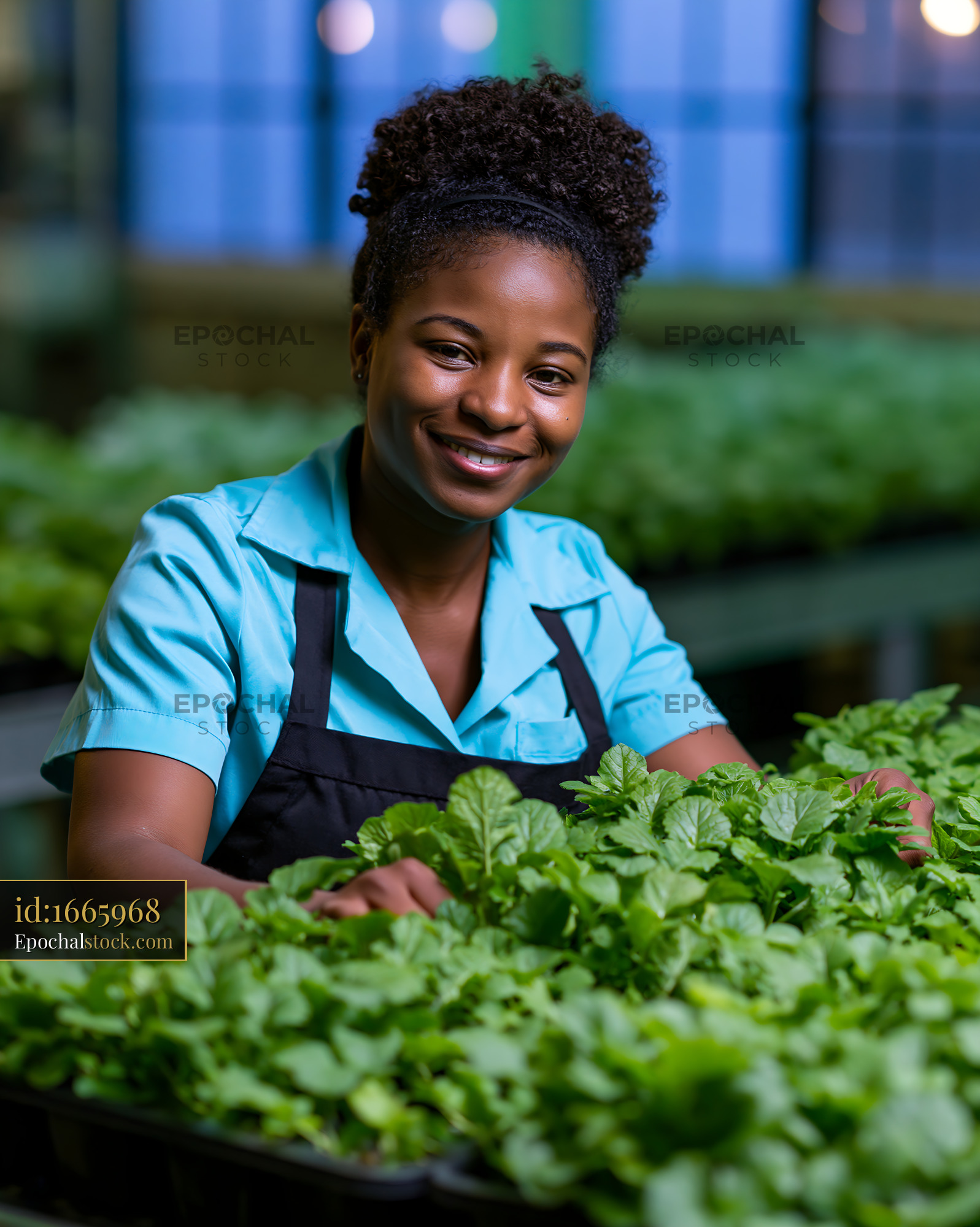 Watermarked full-resolution preview of Portrait of woman caring for leafy plants indoors