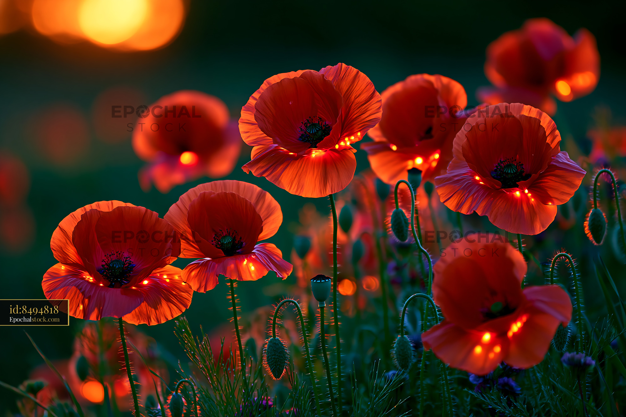 Watermarked full-resolution preview of Poppies blooming at sunset in a meadow