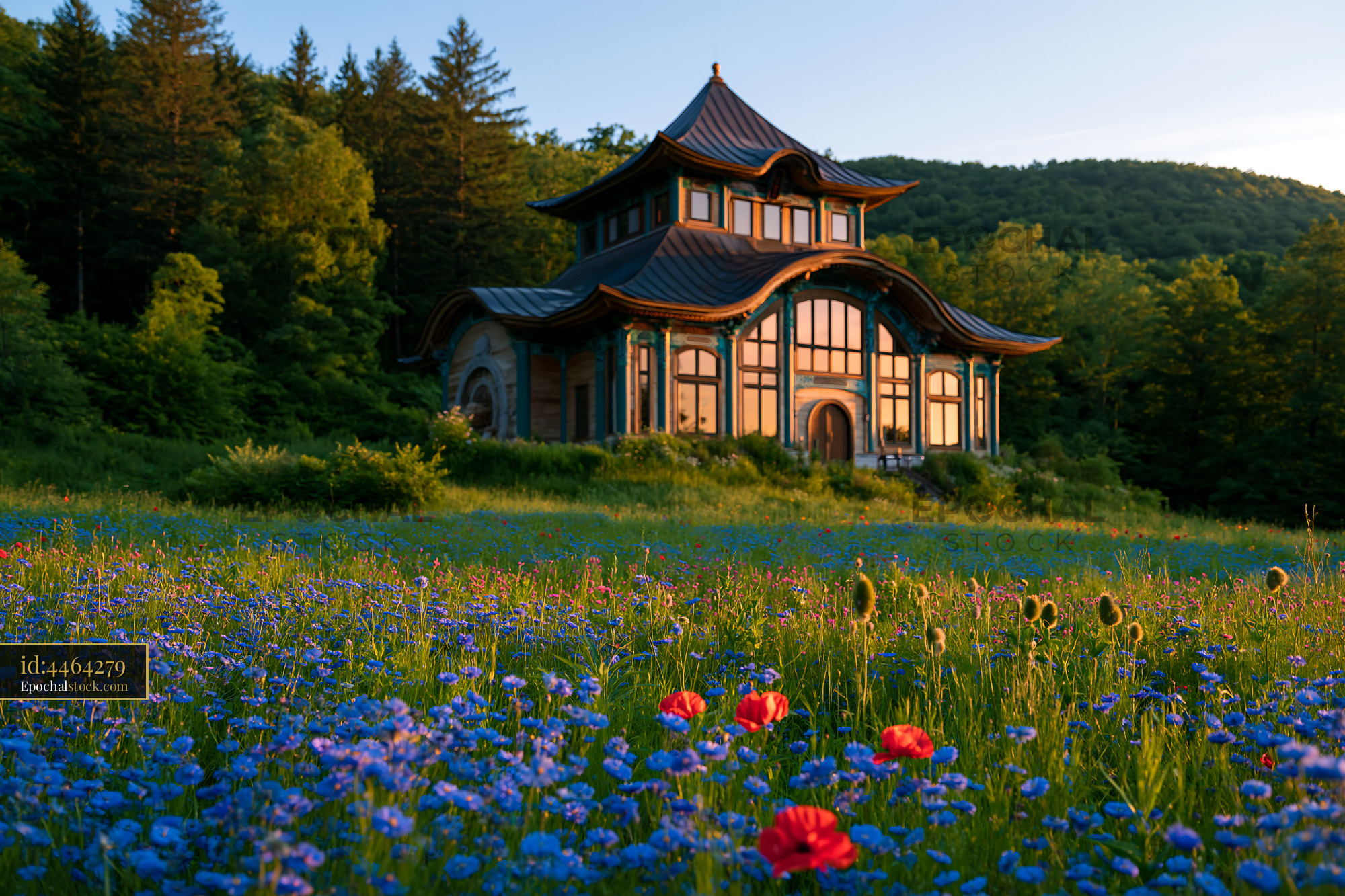 Watermarked full-resolution preview of Decorative pavilion surrounded by wildflowers and forest