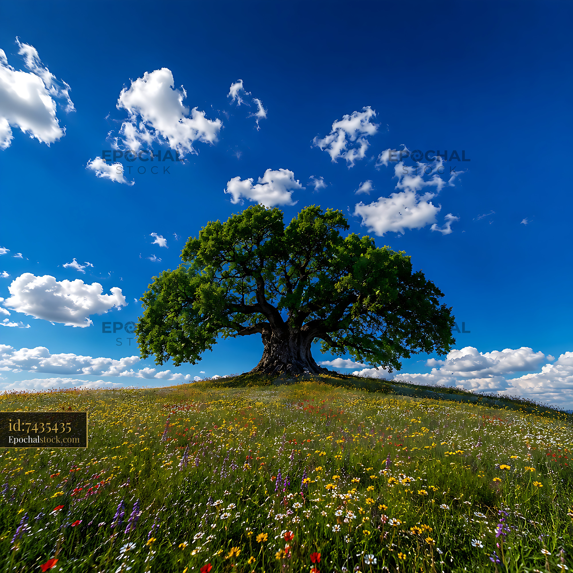 Watermarked full-resolution preview of Large tree on a hill with flowers and blue sky