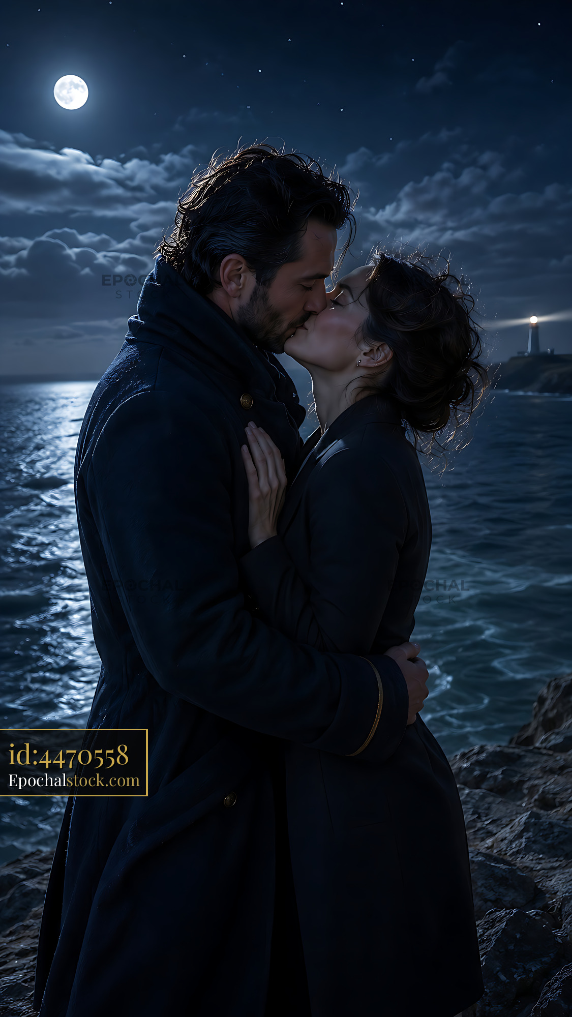 Watermarked full-resolution preview of Couple kissing near the ocean under the moonlight