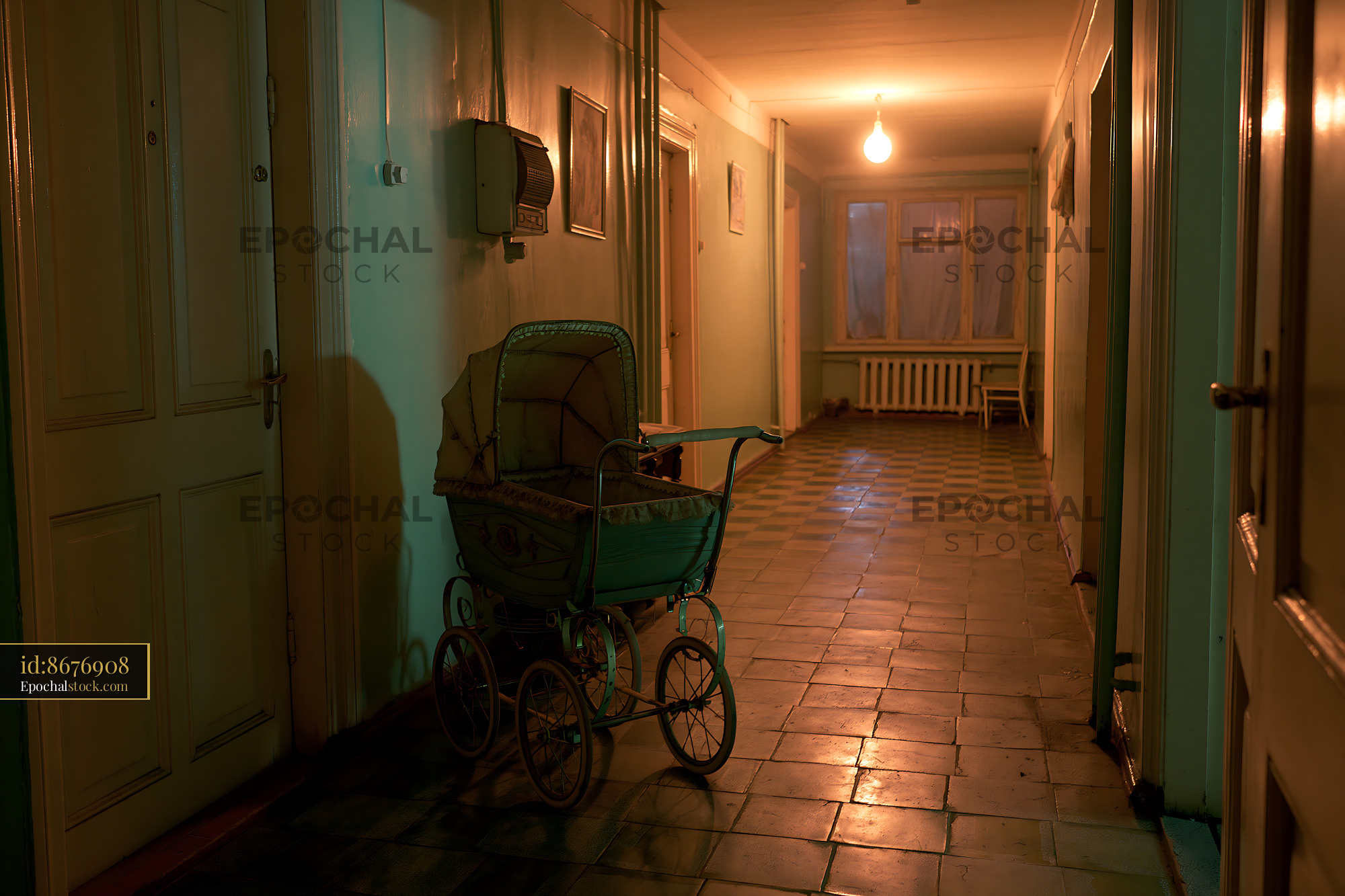 Watermarked full-resolution preview of Old hallway with a vintage baby carriage at night