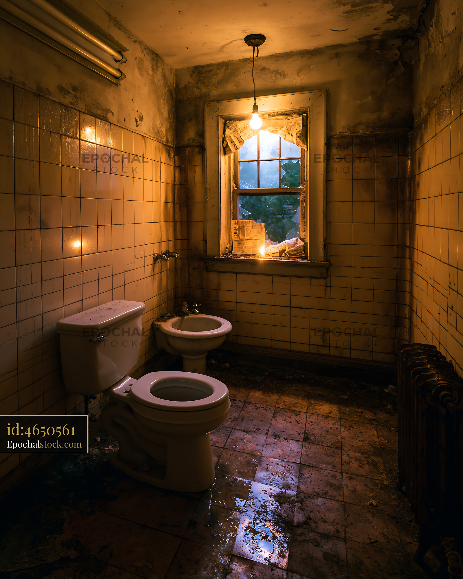 Watermarked full-resolution preview of Bathroom in an abandoned building with a window and a light bulb