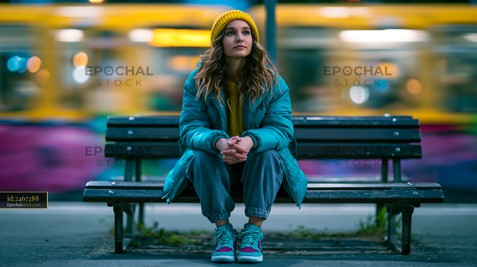 Watermarked full-resolution preview of Woman in winter clothing seated on an urban bench