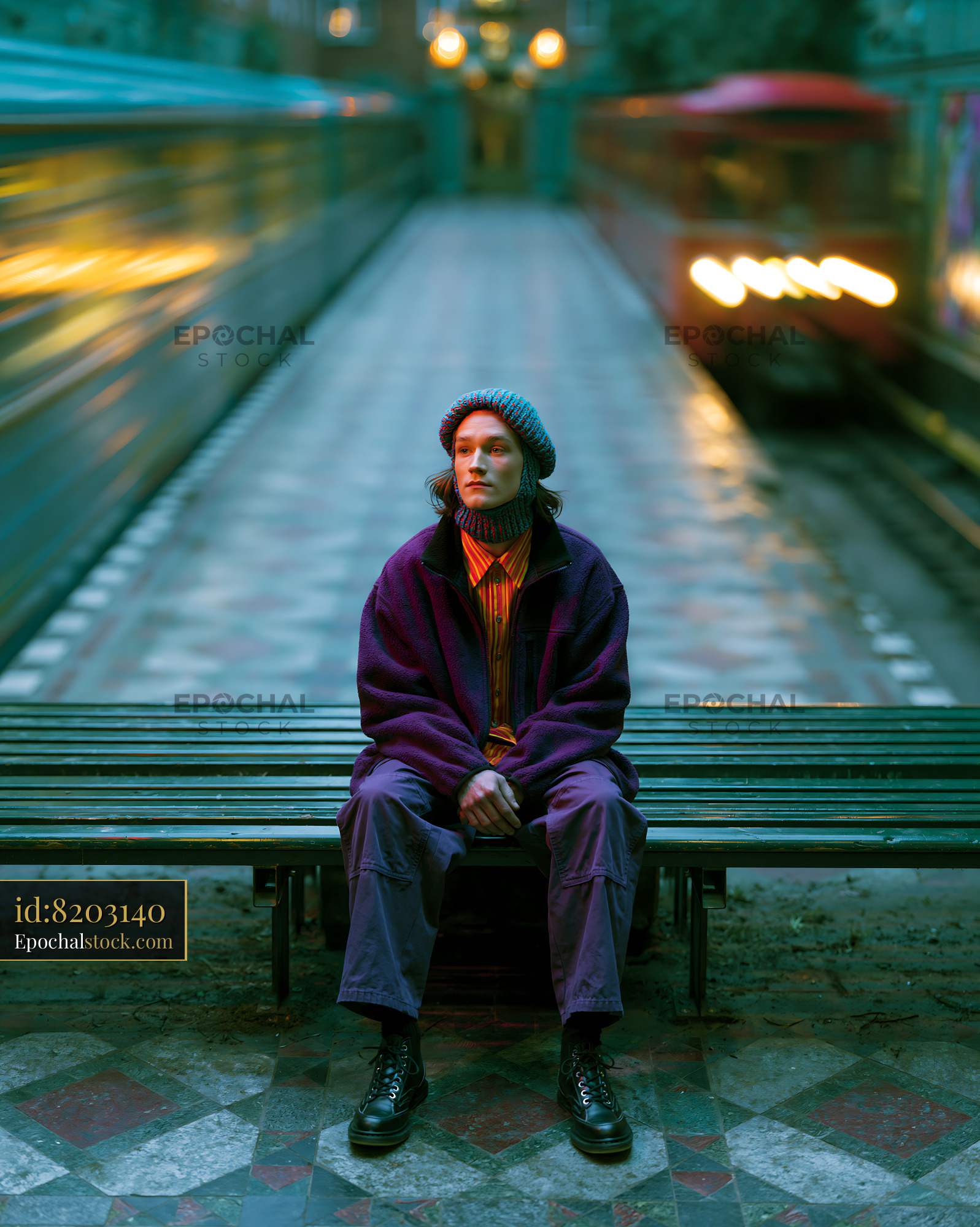 Watermarked full-resolution preview of Seated person on a subway platform with blurred lights