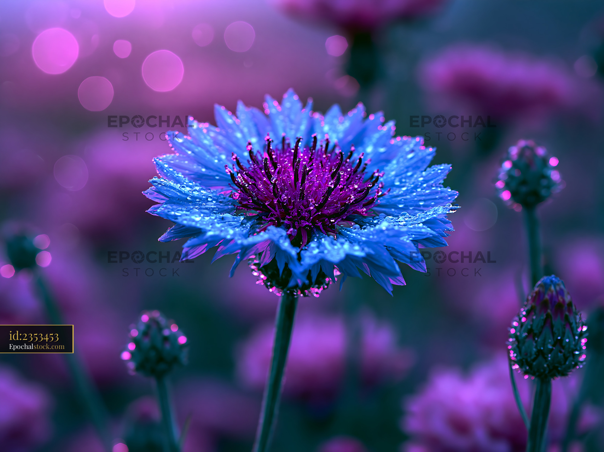 Flower With Water Droplets Surrounded by Purple Blooms at Sunset - stock photo