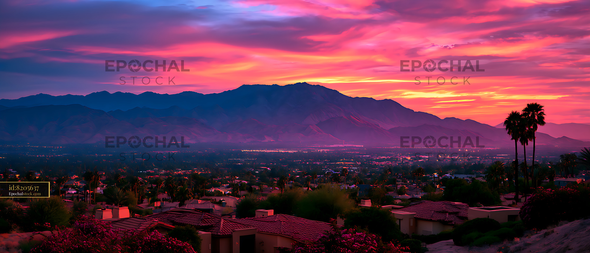 Watermarked full-resolution preview of Panoramic sunset over a palm-lined mountain city