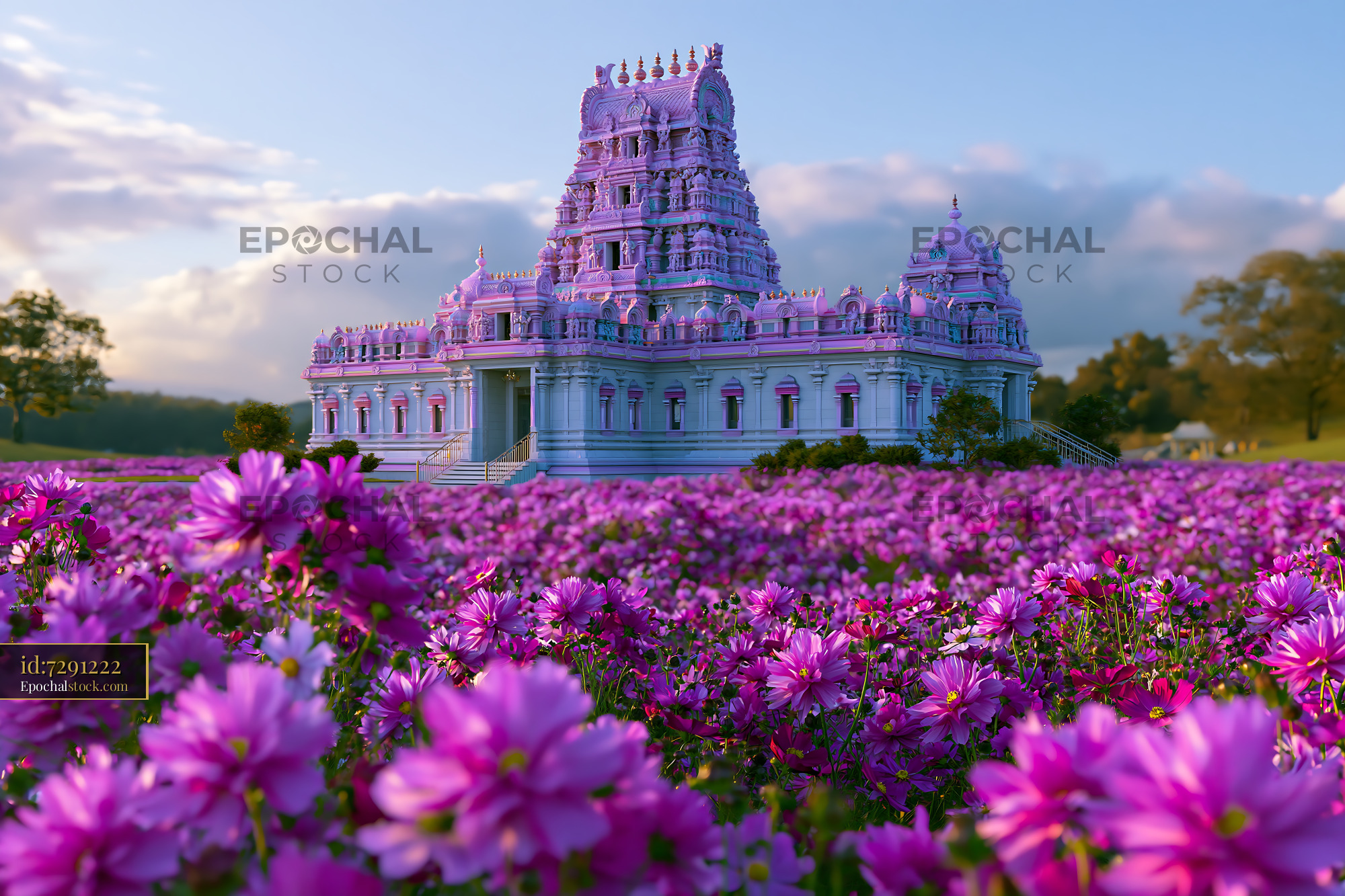 Watermarked full-resolution preview of Colorful temple surrounded by purple flowers in a field