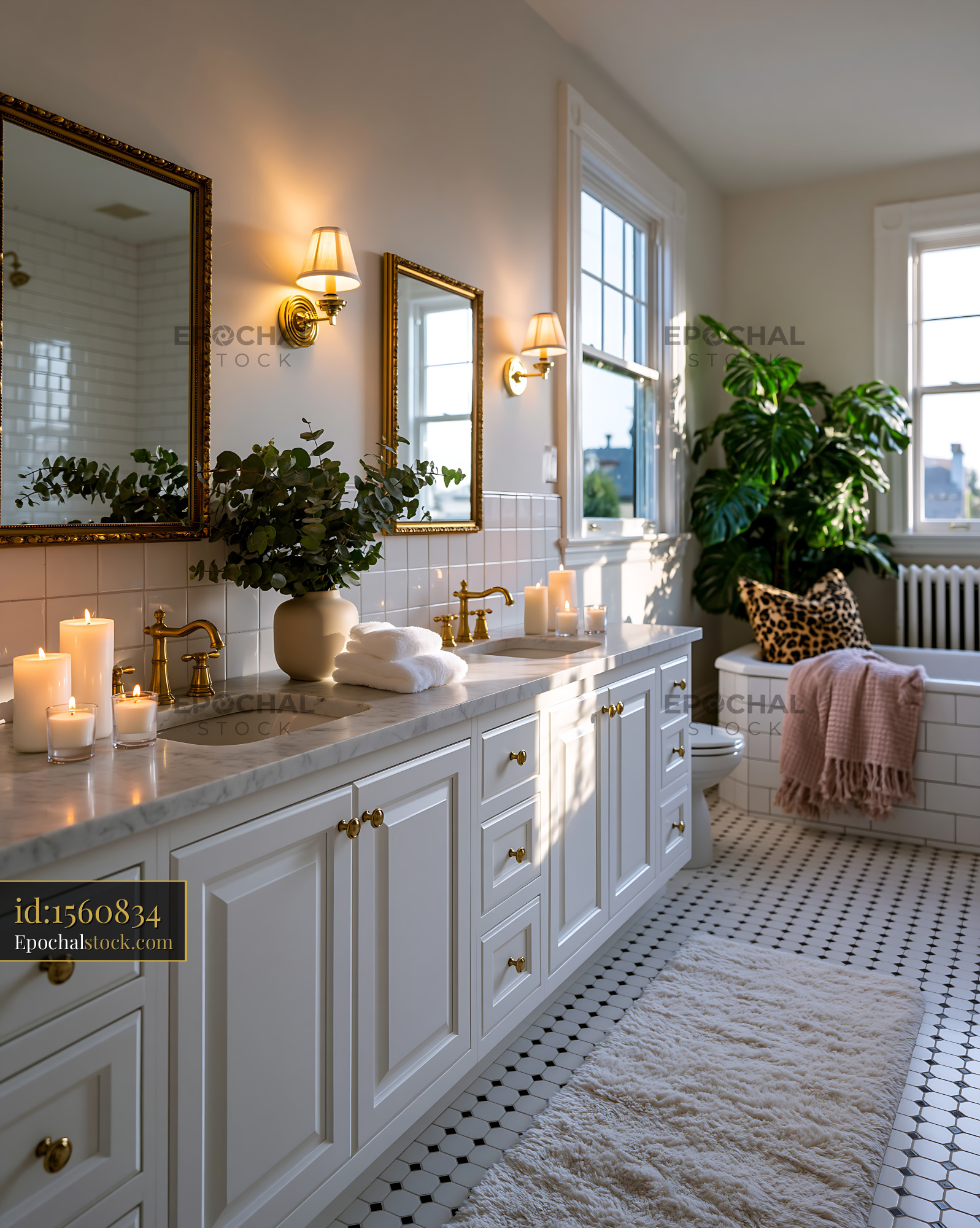 Watermarked full-resolution preview of Modern bathroom with candles and plants
