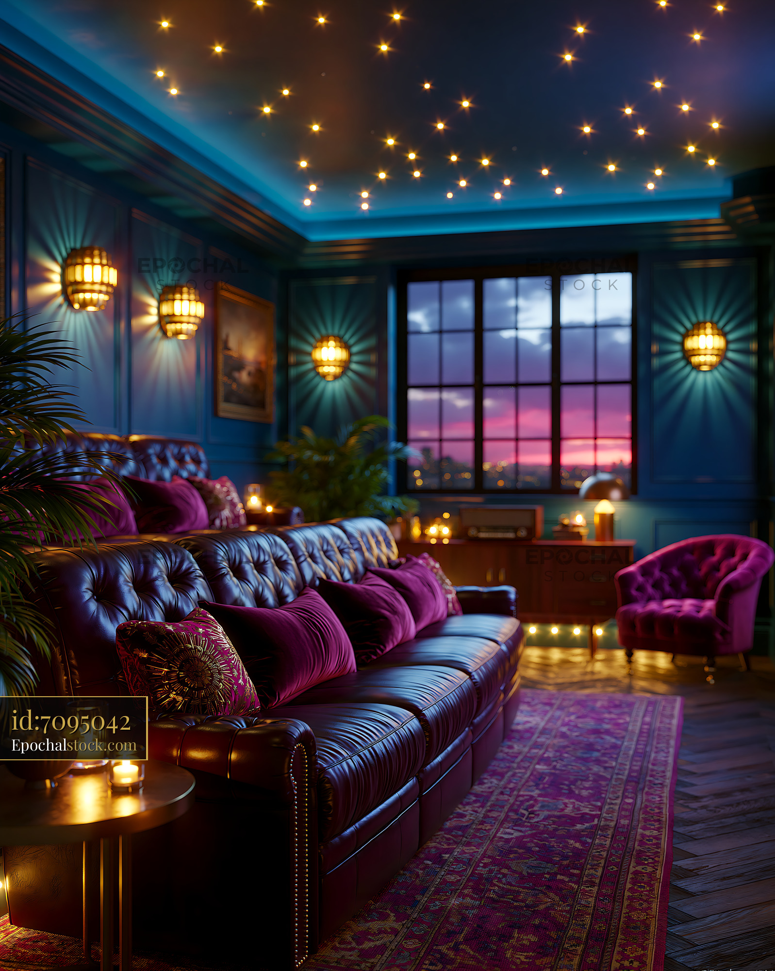 Watermarked full-resolution preview of Cozy living room with starry ceiling and sunset view