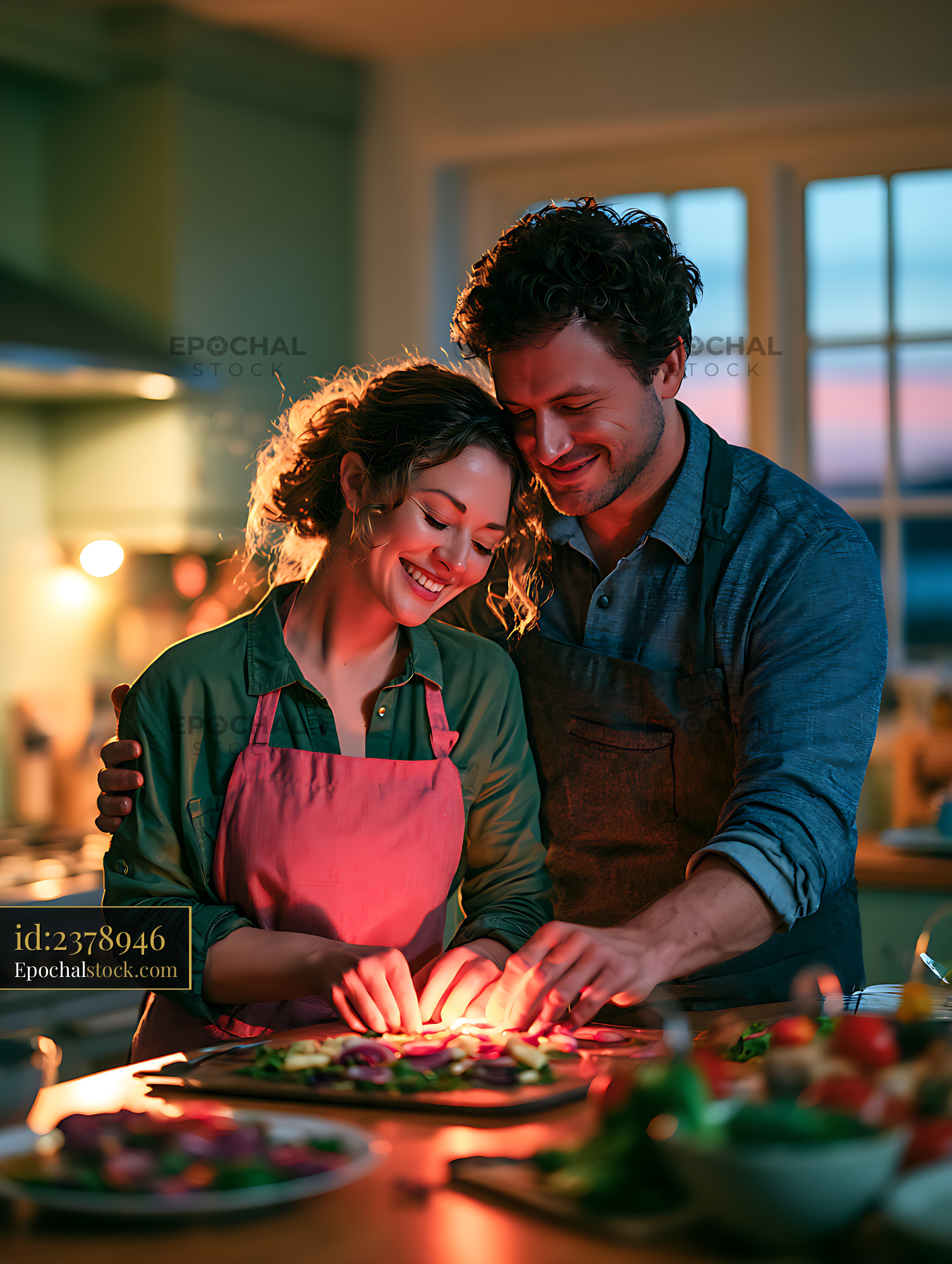Watermarked full-resolution preview of Happy couple cooking together at home