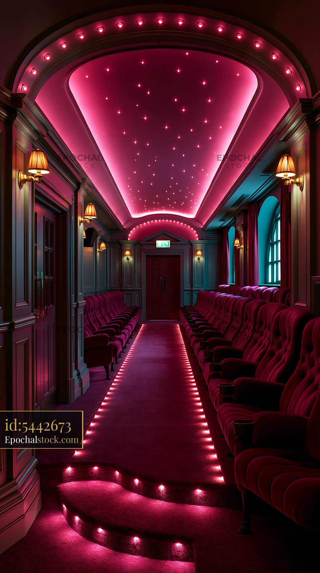 Watermarked full-resolution preview of Empty theater interior illuminated by pink neon lights