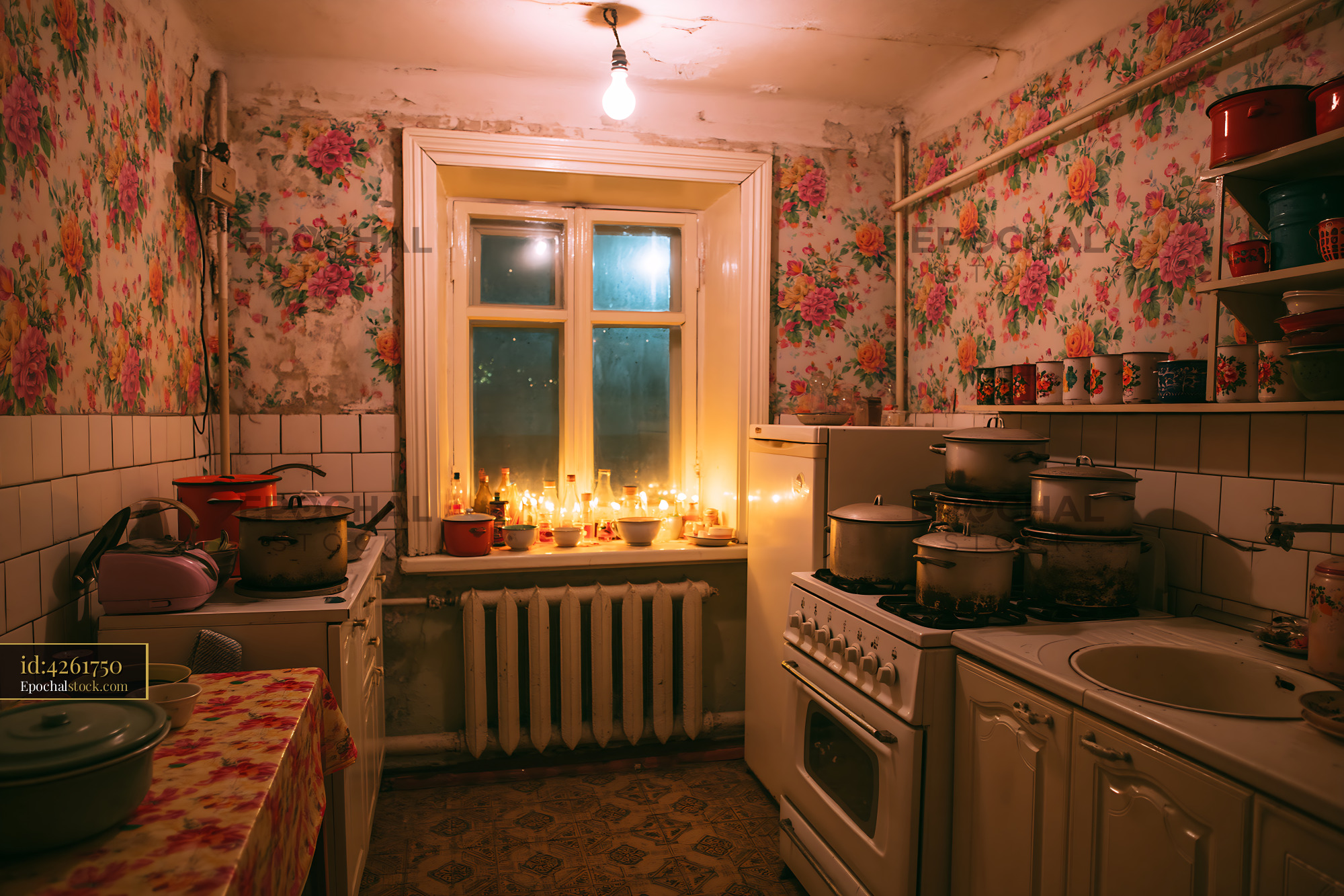 Watermarked full-resolution preview of Cozy old-fashioned kitchen with floral walls and glowing candles