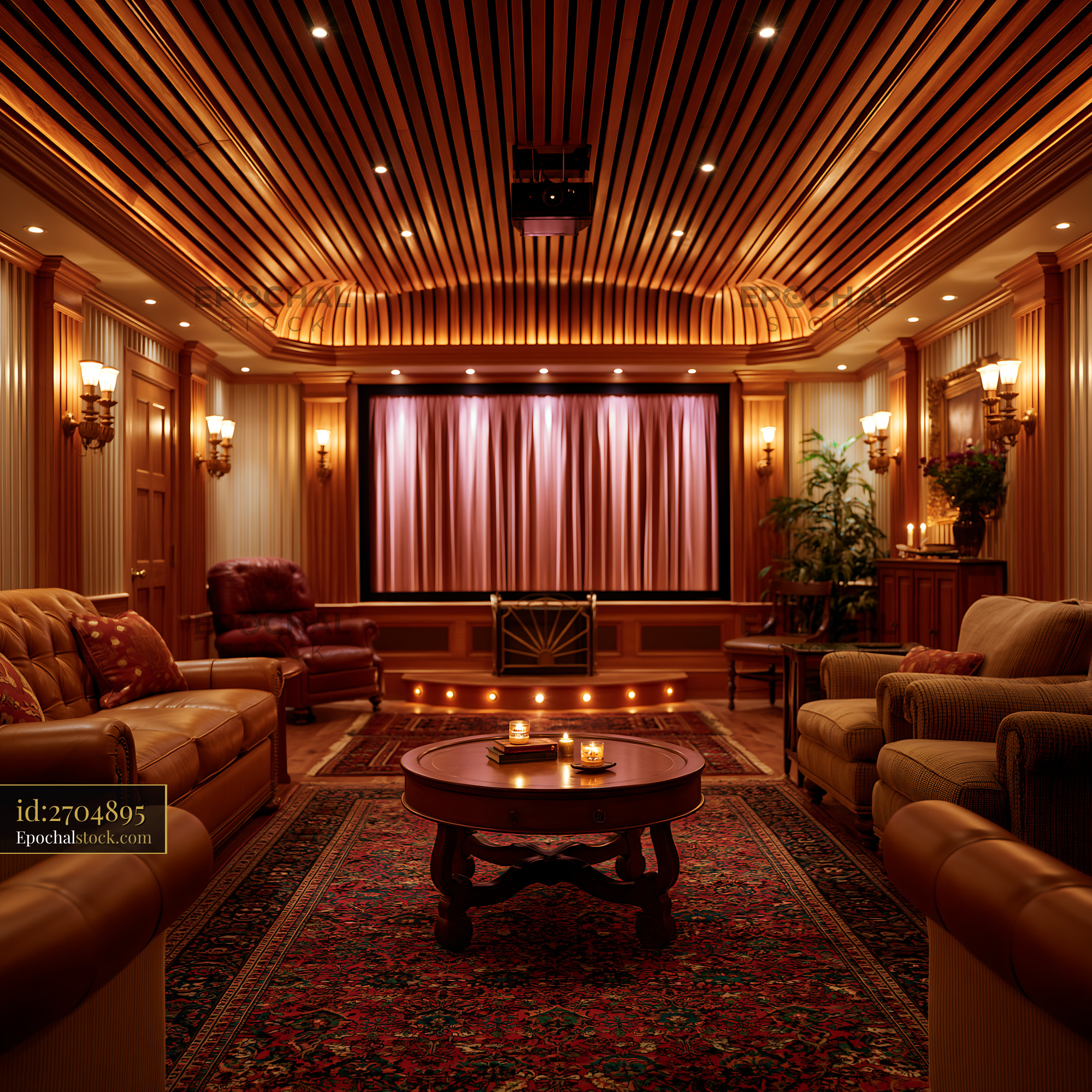 Watermarked full-resolution preview of Home theater room with cozy seating and warm lighting