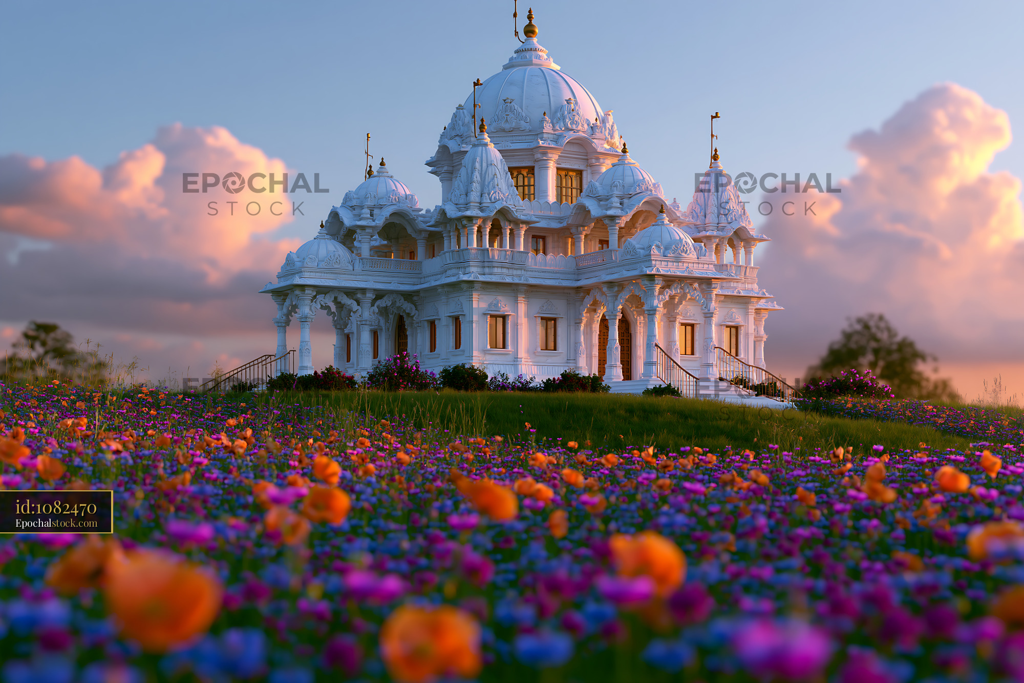 Watermarked full-resolution preview of White domed temple surrounded by colorful flowers