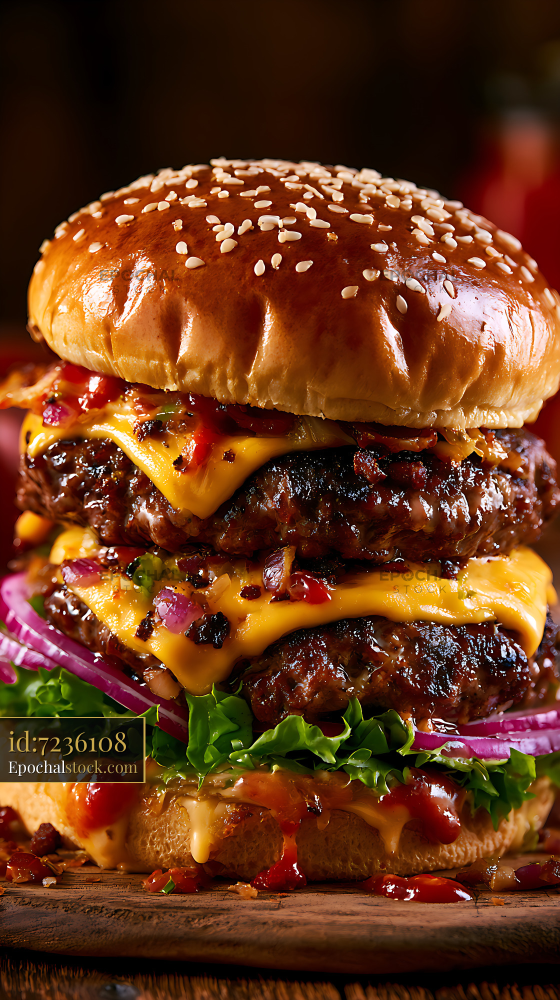 Watermarked full-resolution preview of Loaded double cheeseburger in close-up