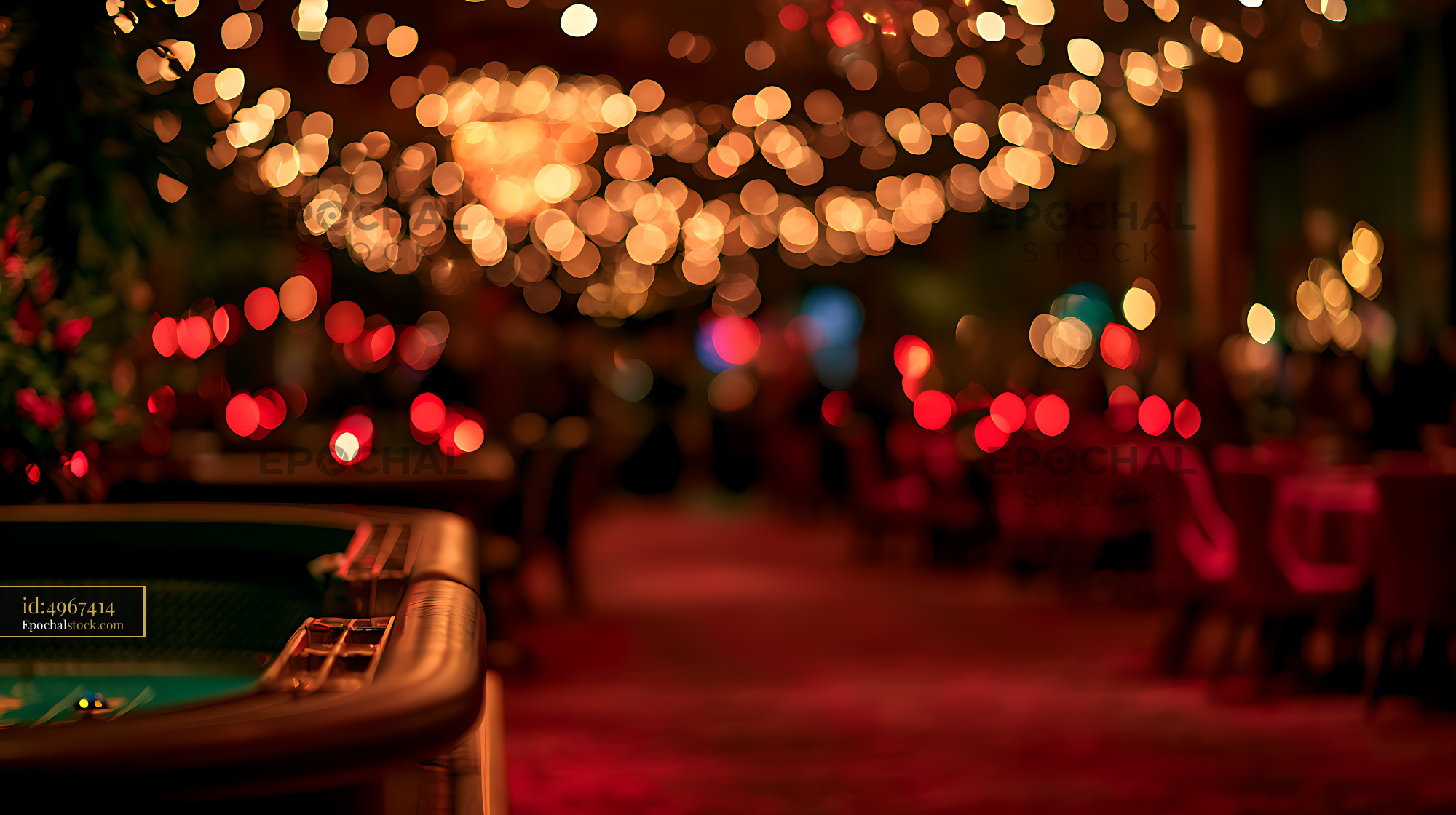 Watermarked full-resolution preview of Warm bokeh lights and pool table in an indoor entertainment venue
