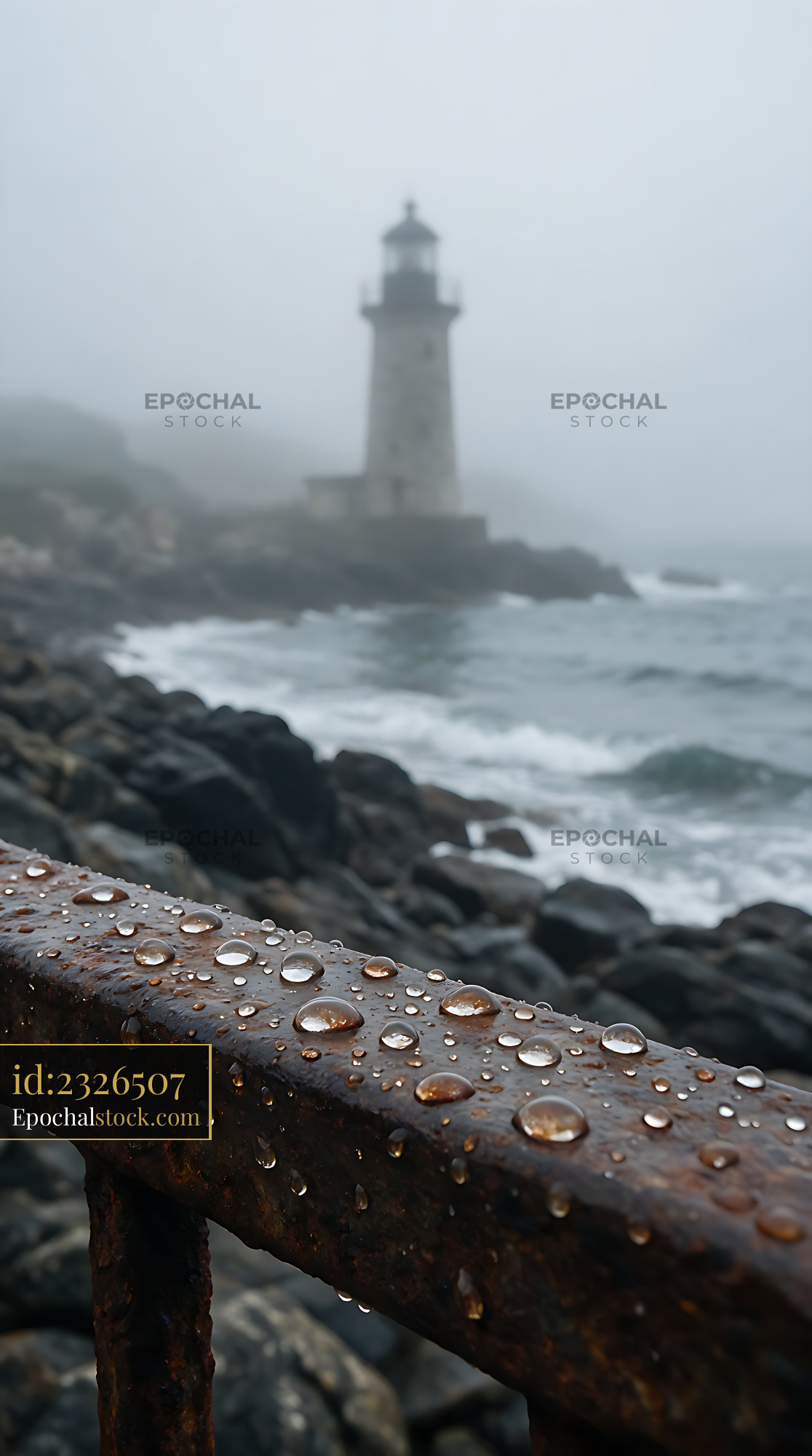 Lighthouse in heavy ocean fog above a rocky coast - stock photo