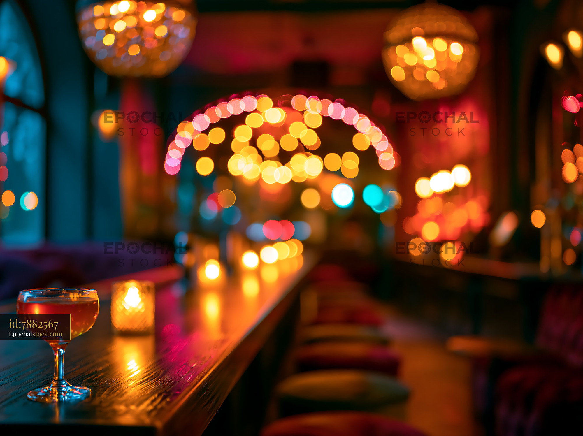 Watermarked full-resolution preview of Cocktail on a bar in a lounge with colorful lights