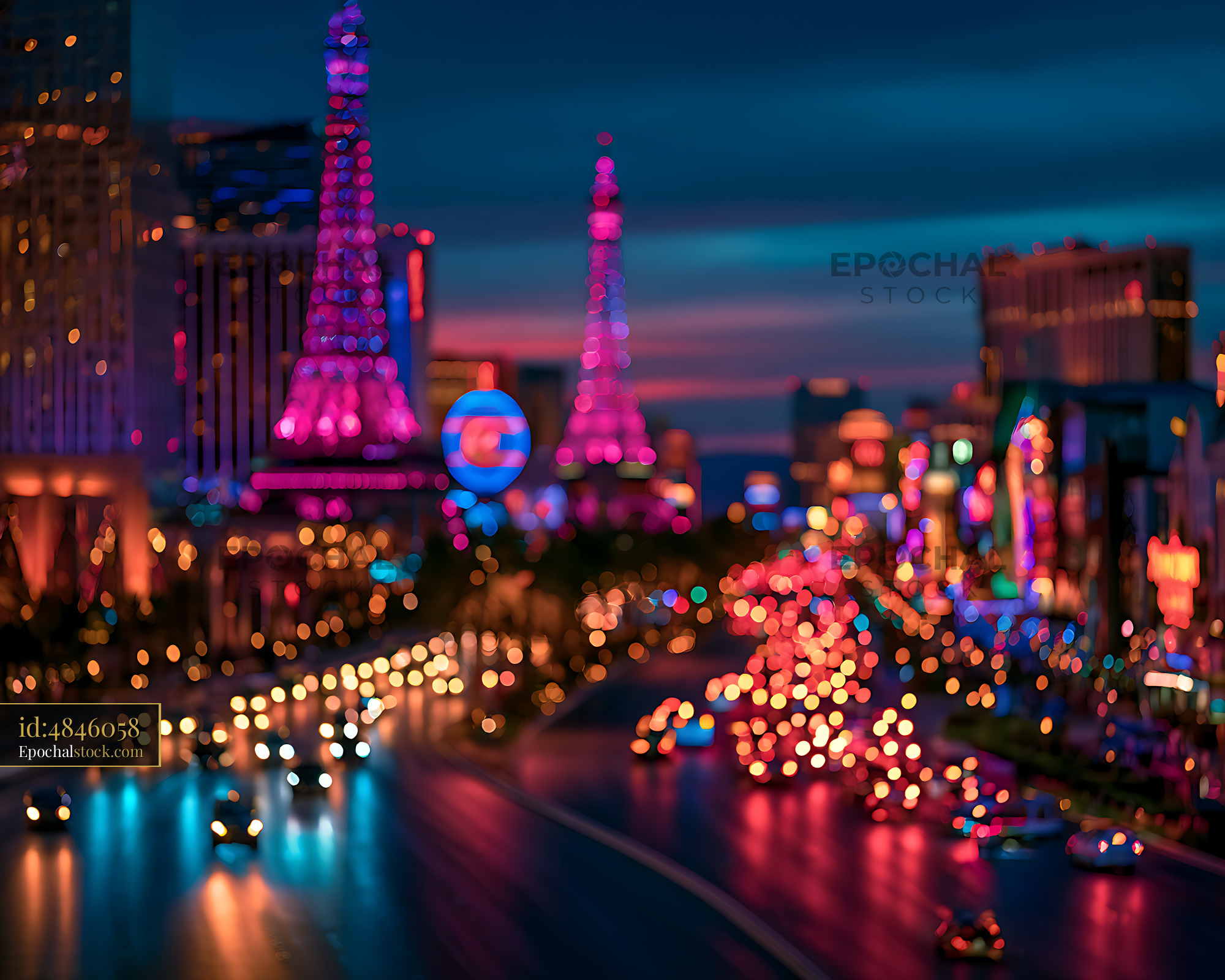 Watermarked full-resolution preview of Abstract neon city traffic with colorful night lights
