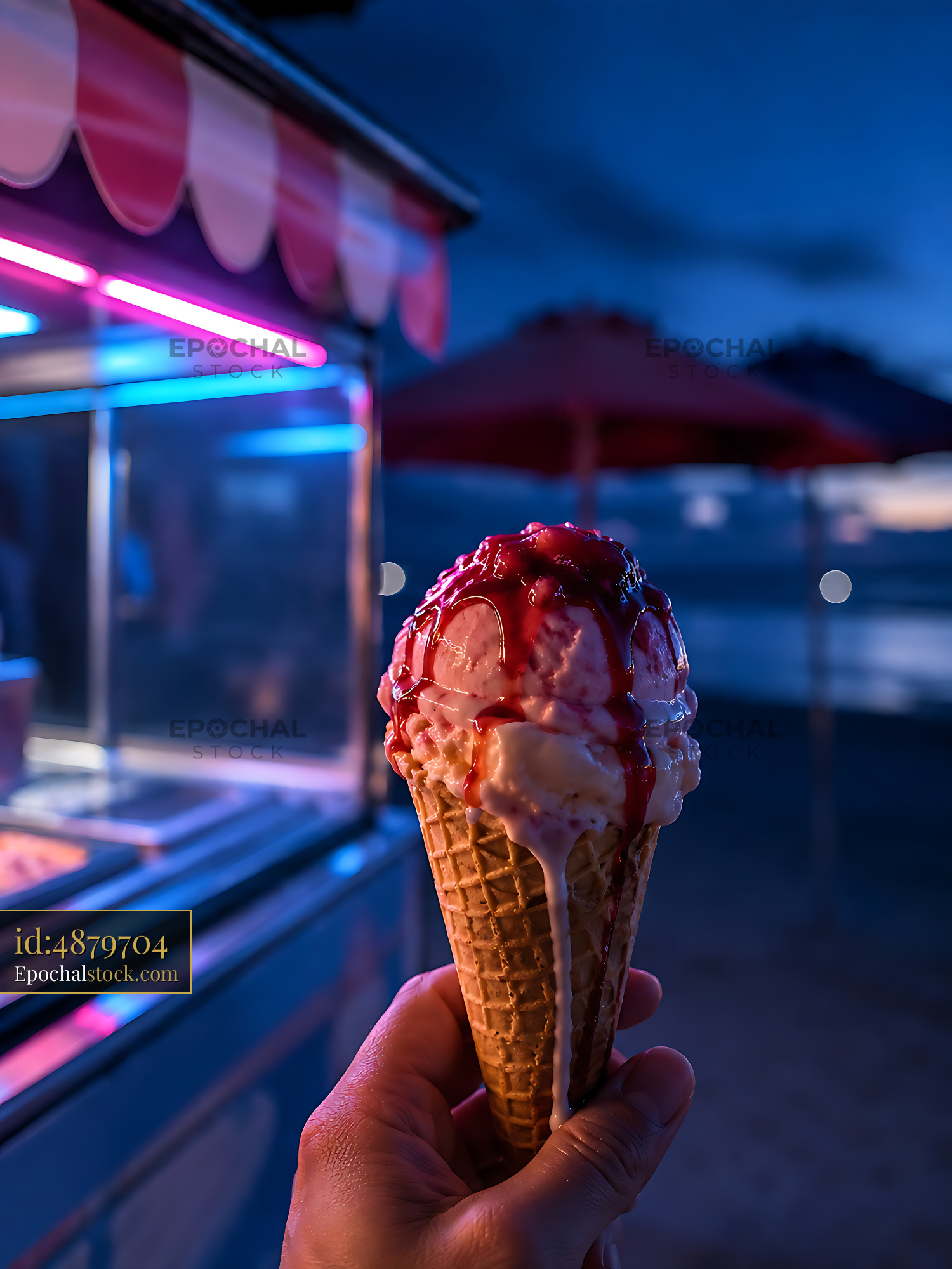 Watermarked full-resolution preview of Ice cream cone with syrup at a beach stand in evening light