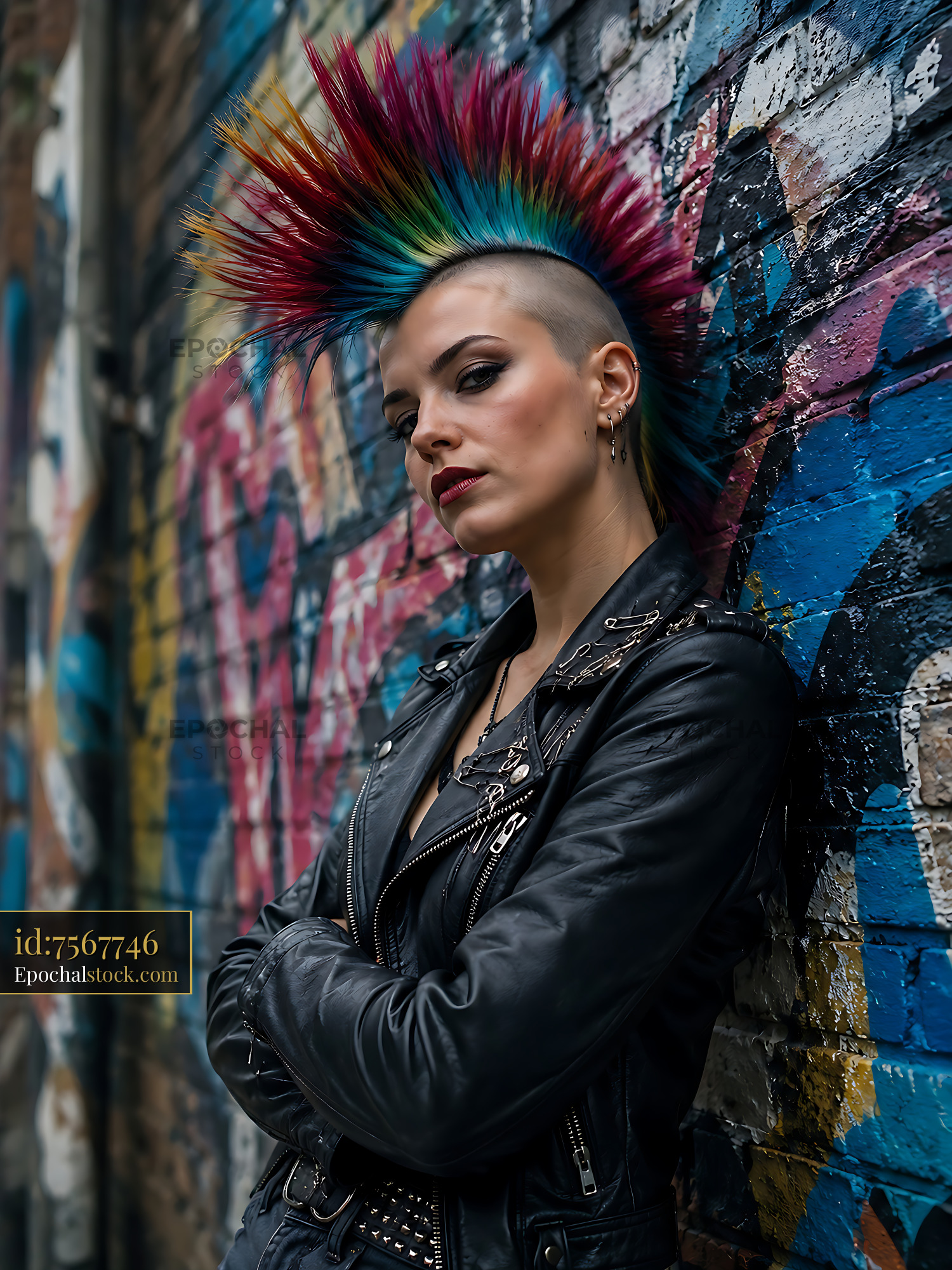 Watermarked full-resolution preview of Punk style woman with colorful mohawk hairstyle in urban setting